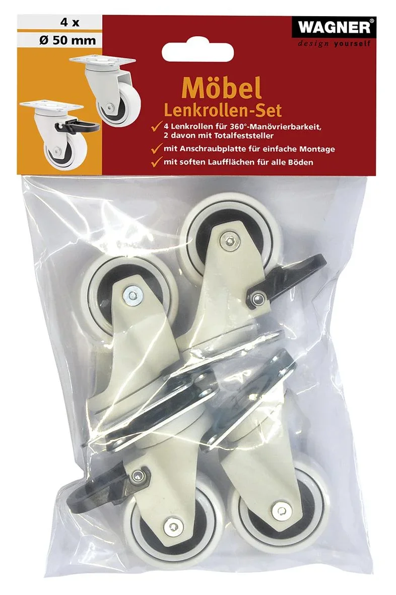 Design 3C Lenkrollen 4 teiliges Set - Ø 50 mm, soft, weiß, 2 Rollen mit & 2 ohne Feststeller, Tragkraft 50 kg / Rolle - 0