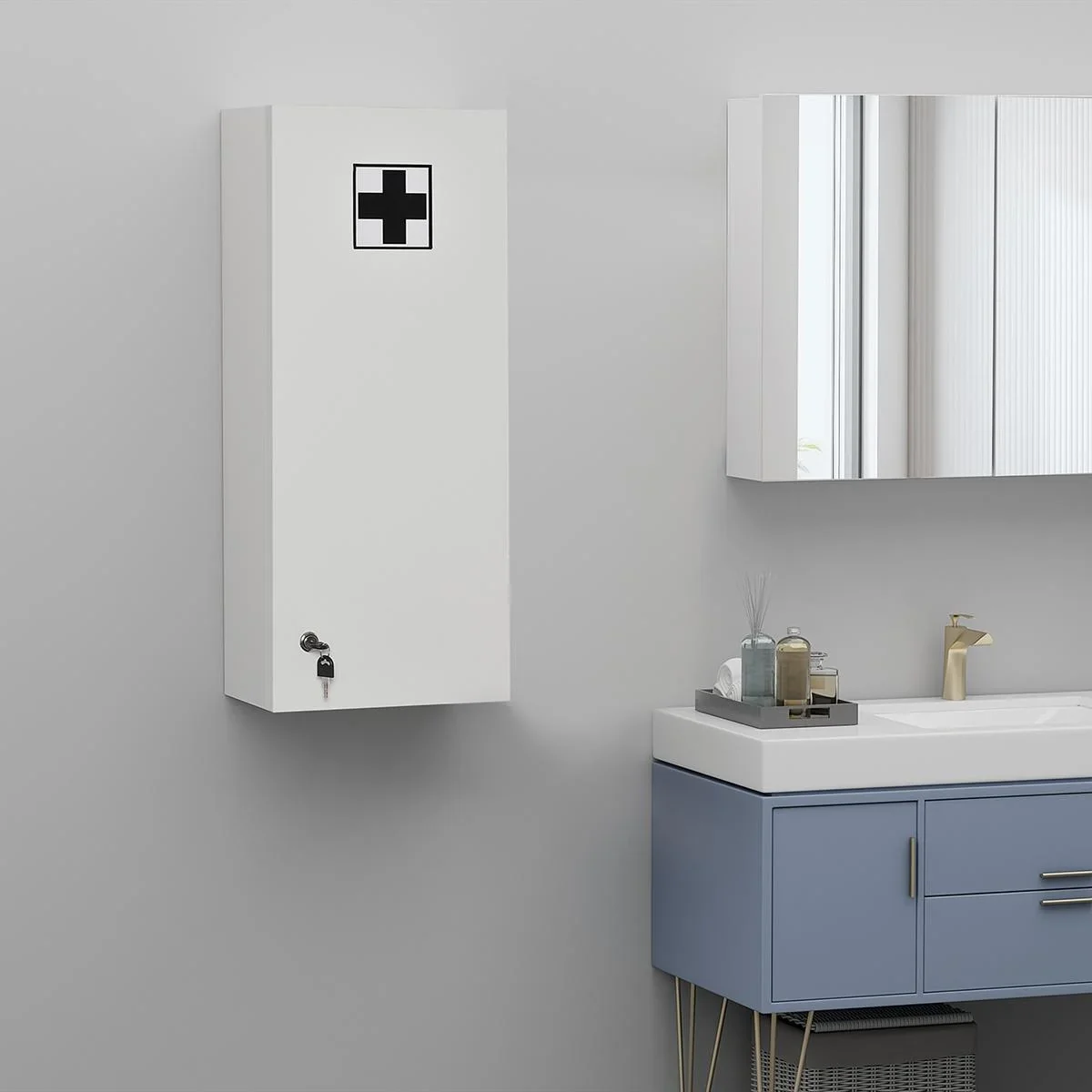 Medizinschrank Arzneischrank Wandschrank Hängeschrank mit verstellbarer Ablage Erste-Hilfe-Kreuz abschließbar für Badezi - 0