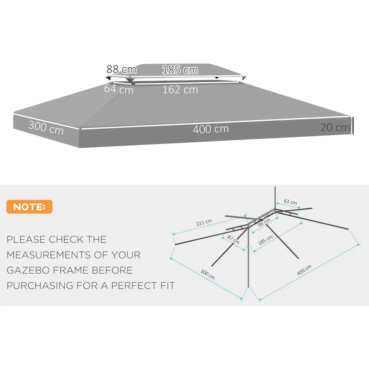Ersatzdach Pavillondach für Metallpavillon Gartenpavillon Partyzelt Gartenzelt Polyester 3x4m Hellgrau - 3
