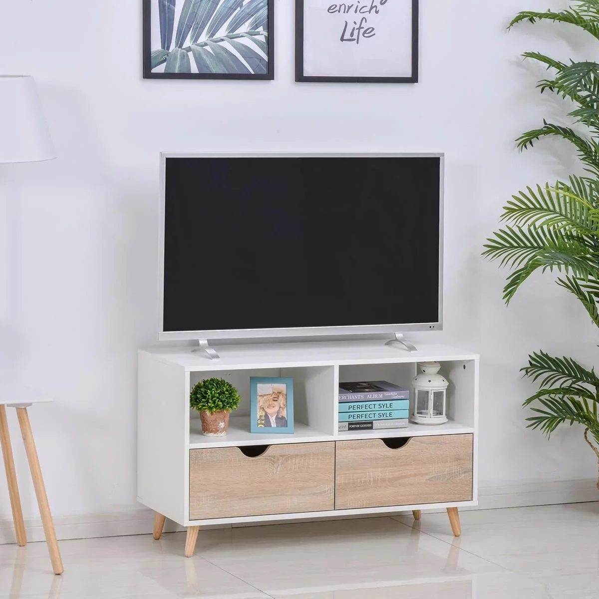TV Schrank TV-Kommode Schrankelement mit Schubladen und Offene Regale Holz Weiß+Natur 99 x 39 x 58 cm - 0