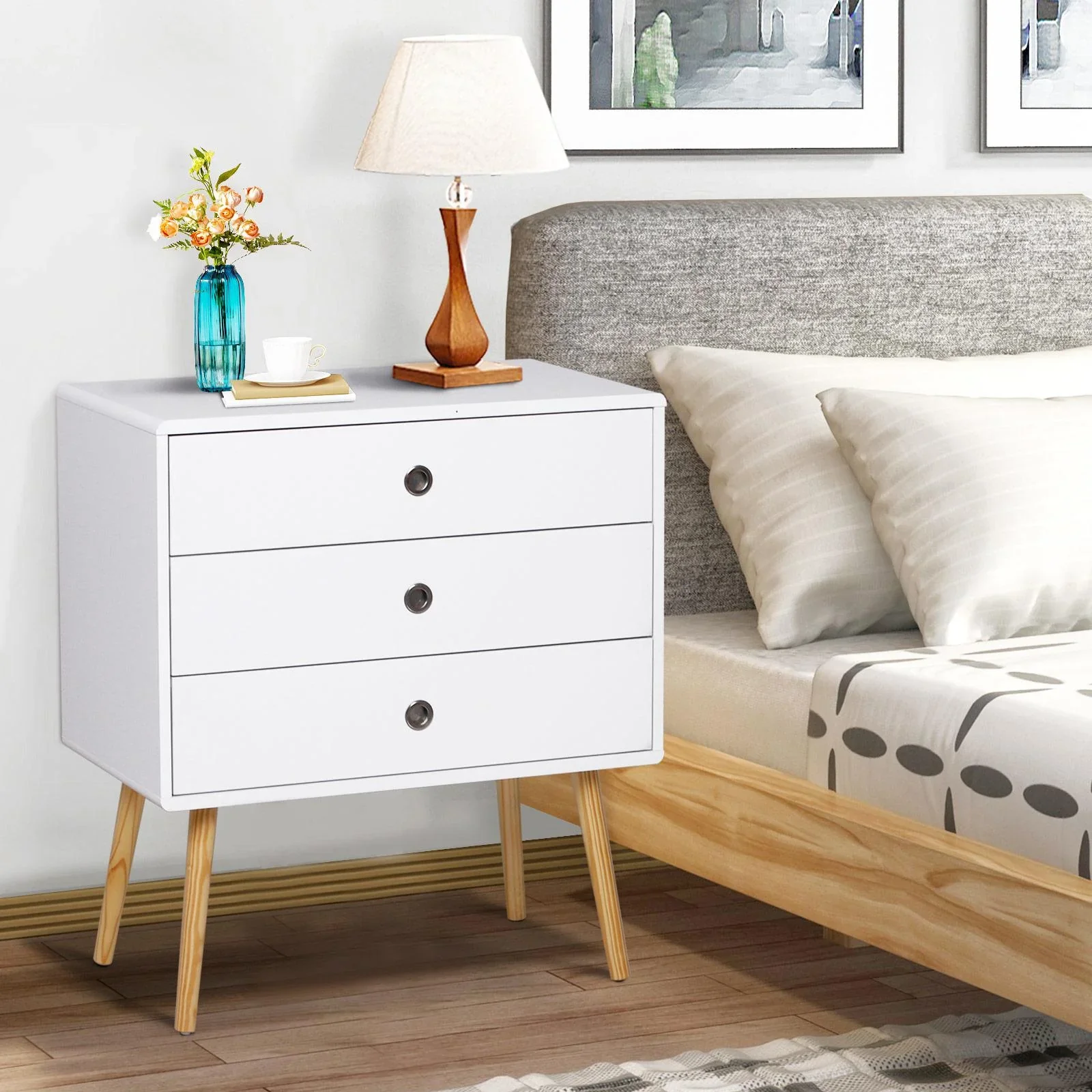Nachttisch Schrank Nachtschrank Nachtkommode Sideboard mit 3 Schubladen Holz Weiß 73 x 40 x 81,5 cm - 7