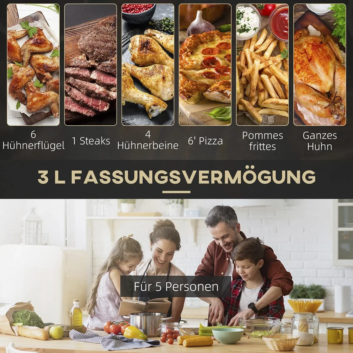 Heißluftfritteuse 3 L 1300W mit 12 Menüs LED-Display Antihaftbeschichteter Korb Schwarz 29,5 x 23,8 x 30,3 cm - 2