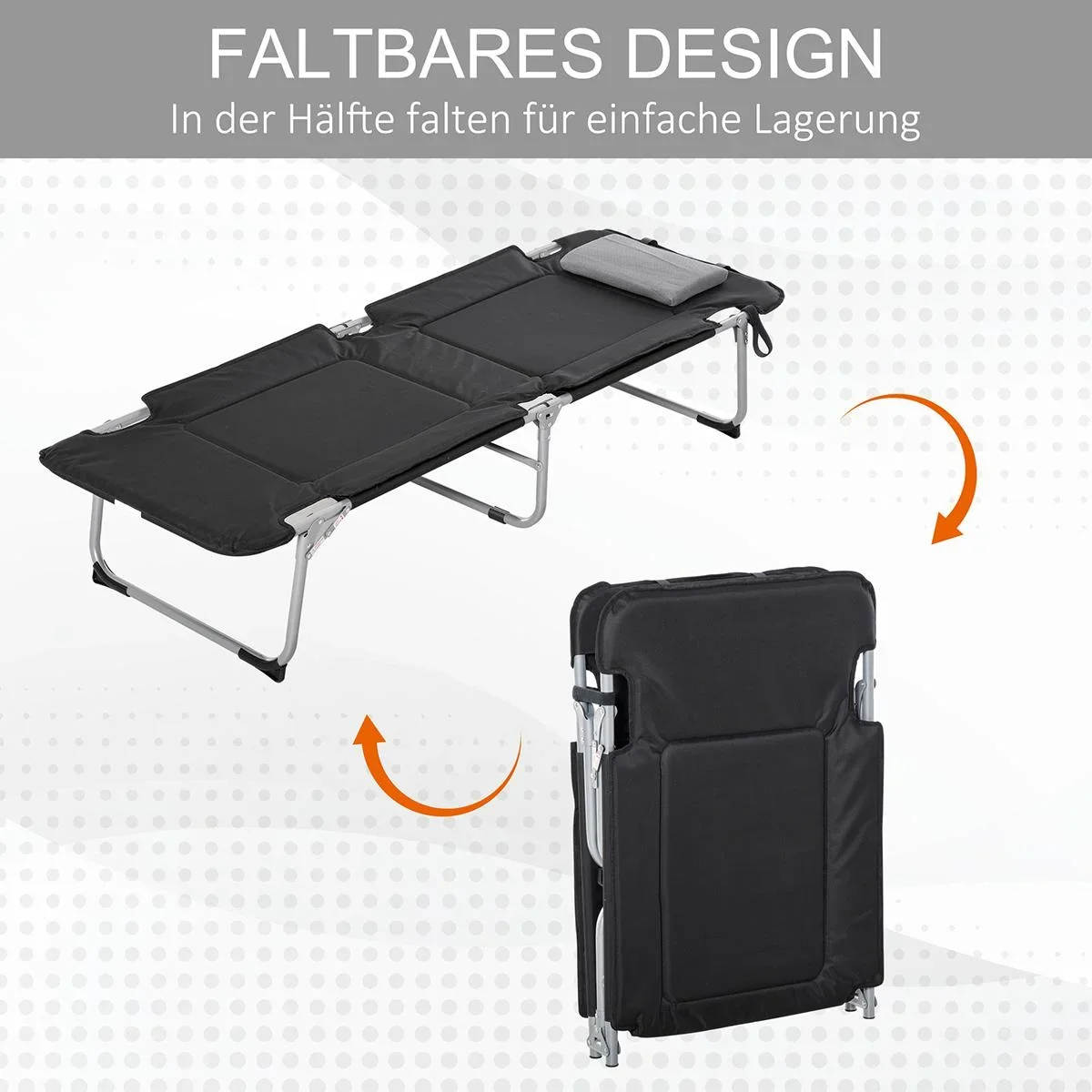 Campingbett Feldbett Klappbett mit Kissen inkl. Tasche Schwarz+Silber 183 x 66 x 33 cm - 0