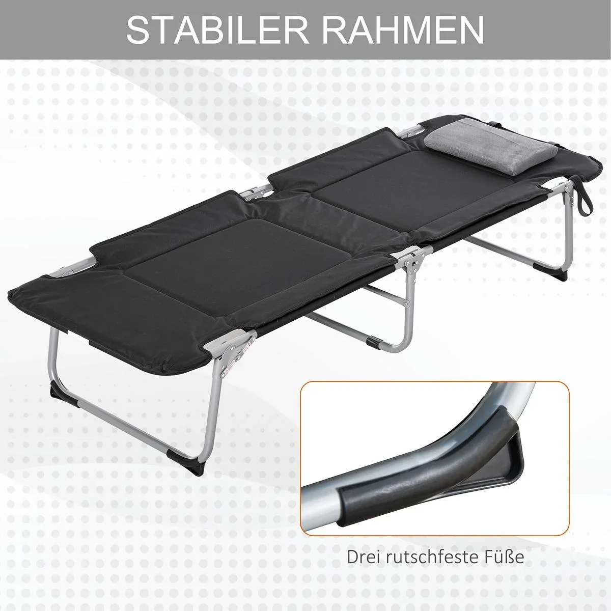Campingbett Feldbett Klappbett mit Kissen inkl. Tasche Schwarz+Silber 183 x 66 x 33 cm - 2
