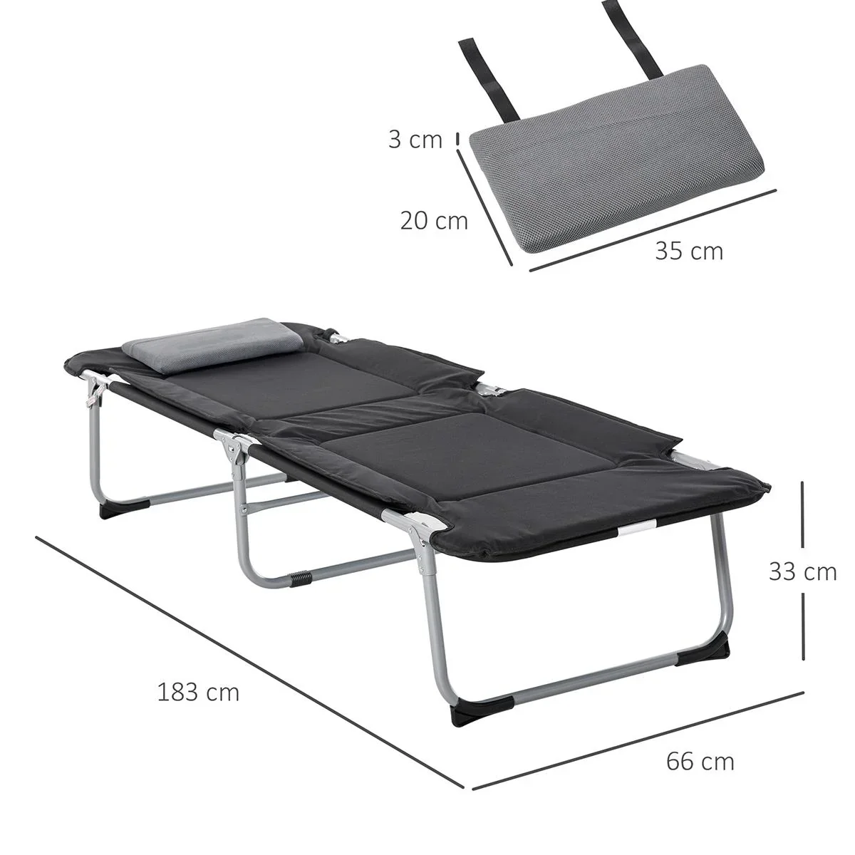 Campingbett Feldbett Klappbett mit Kissen inkl. Tasche Schwarz+Silber 183 x 66 x 33 cm - 3