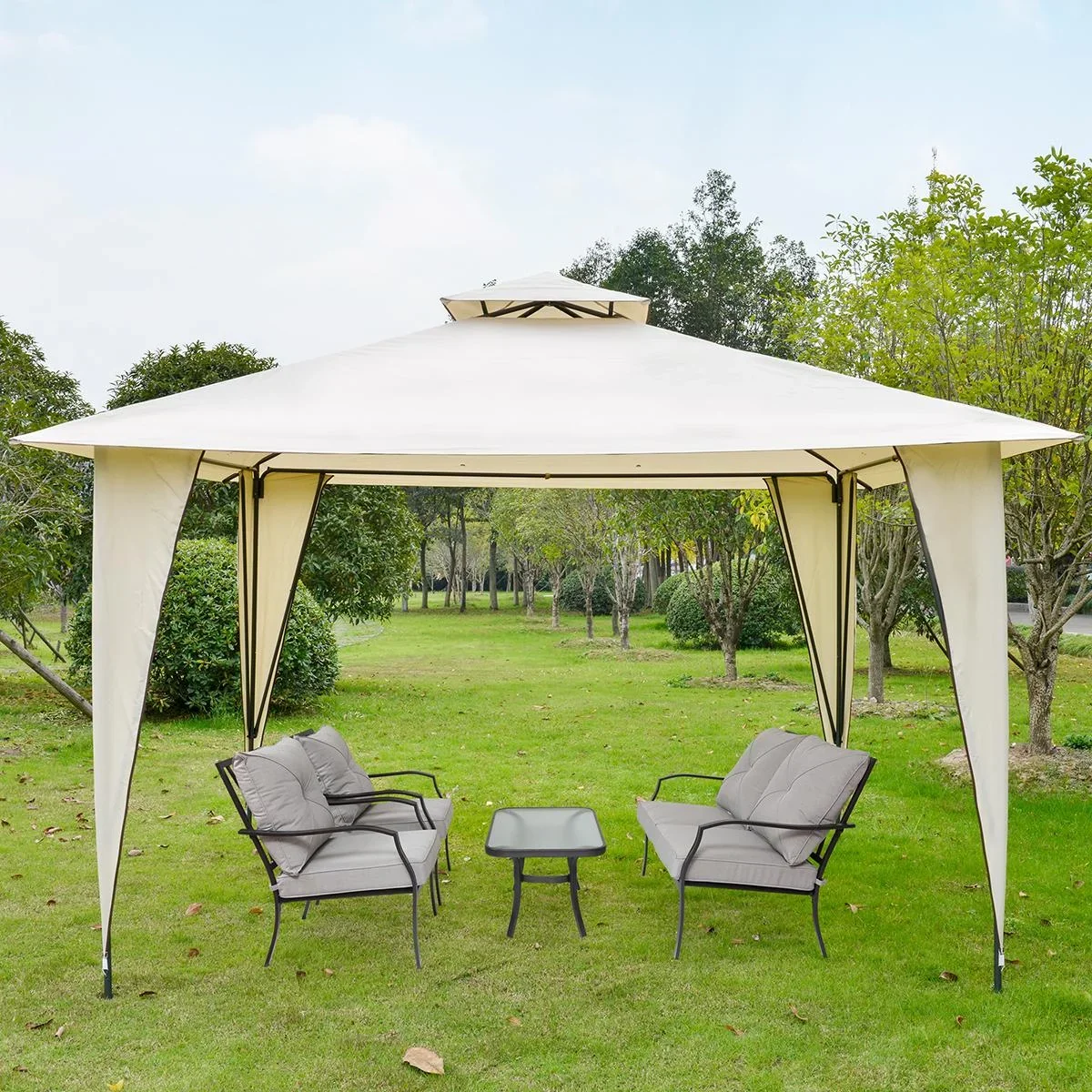 Pavillon Partyzelt mit Doppeldach 3,5x3,5x2,7m Festzelt Gartenlaube Metall Polyester Beige - 0