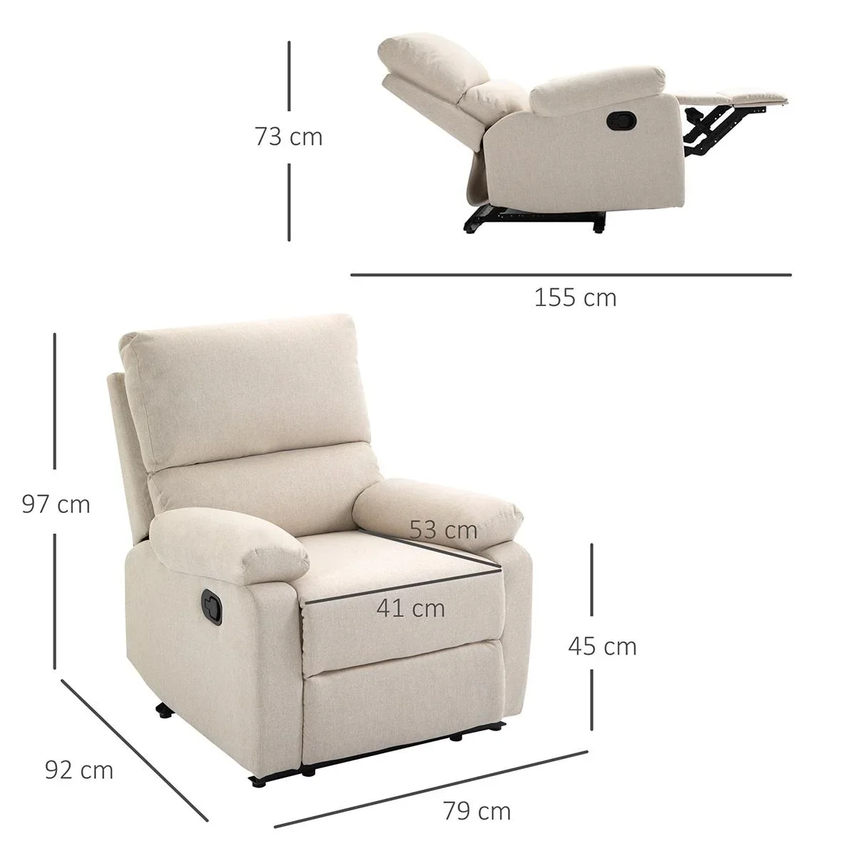 Liegesofa Relaxsessel Liegesessel TV Sessel Einzelsofa 150° neigbar Fernsehsessel Leinen 79 x 92 x 97 cm - 0