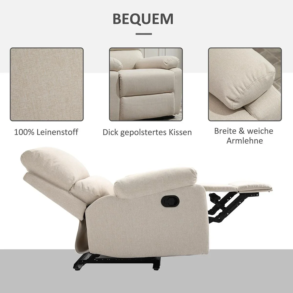 Liegesofa Relaxsessel Liegesessel TV Sessel Einzelsofa 150° neigbar Fernsehsessel Leinen 79 x 92 x 97 cm - 1