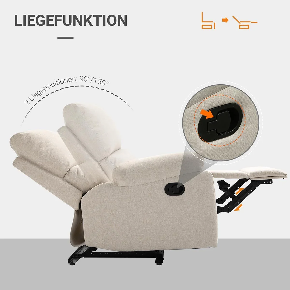 Liegesofa Relaxsessel Liegesessel TV Sessel Einzelsofa 150° neigbar Fernsehsessel Leinen 79 x 92 x 97 cm - 3