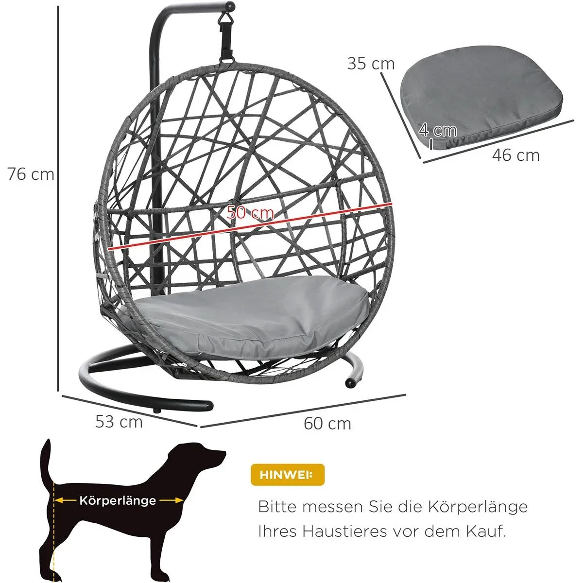 Rattan-Hängematte für Hunde, Grau+Schwarz 60 x 53 x 76 cm - 1