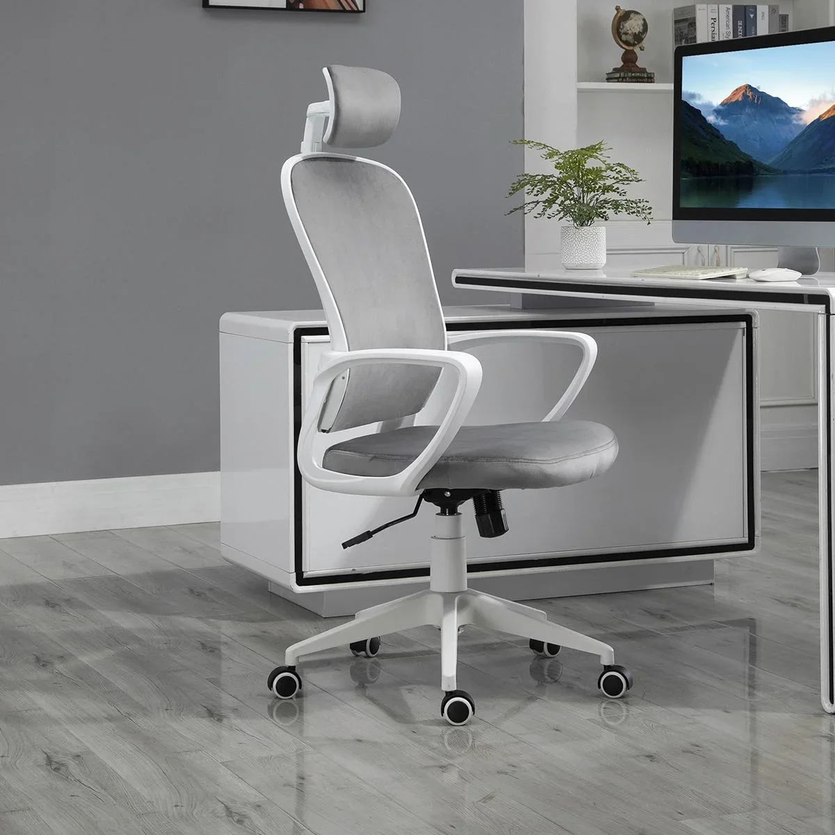 Bürostuhl mit Wippfunktion ergonomischer Drehstuhl höhenverstellbar mit Armlehne Kopfstütze samtartiges Polyester Türki - 1