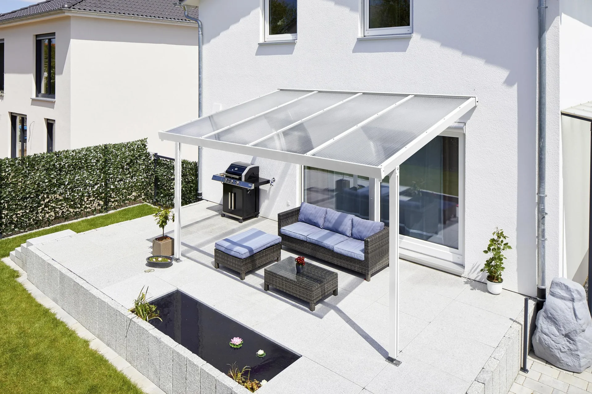 Terrassendach Premium, weiß, 4102 x 3060 mm - Acryl Stegplatten 16mm, klar - 2
