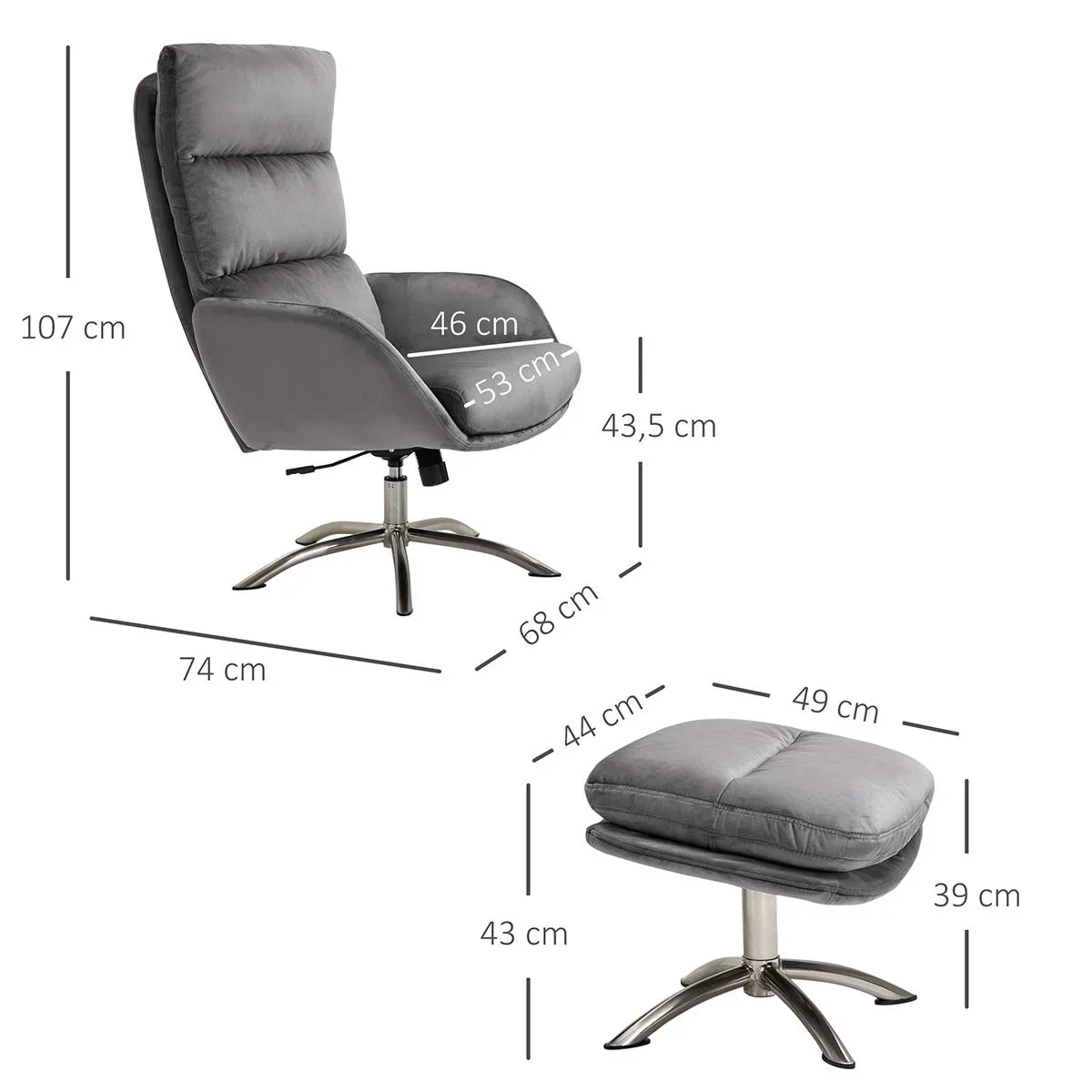 Relaxsessel mit Hocker Fernsehsessel mit Wippenfuntion Stahl Samt Grau+Silber 68 x 74 x 107 cm - 0