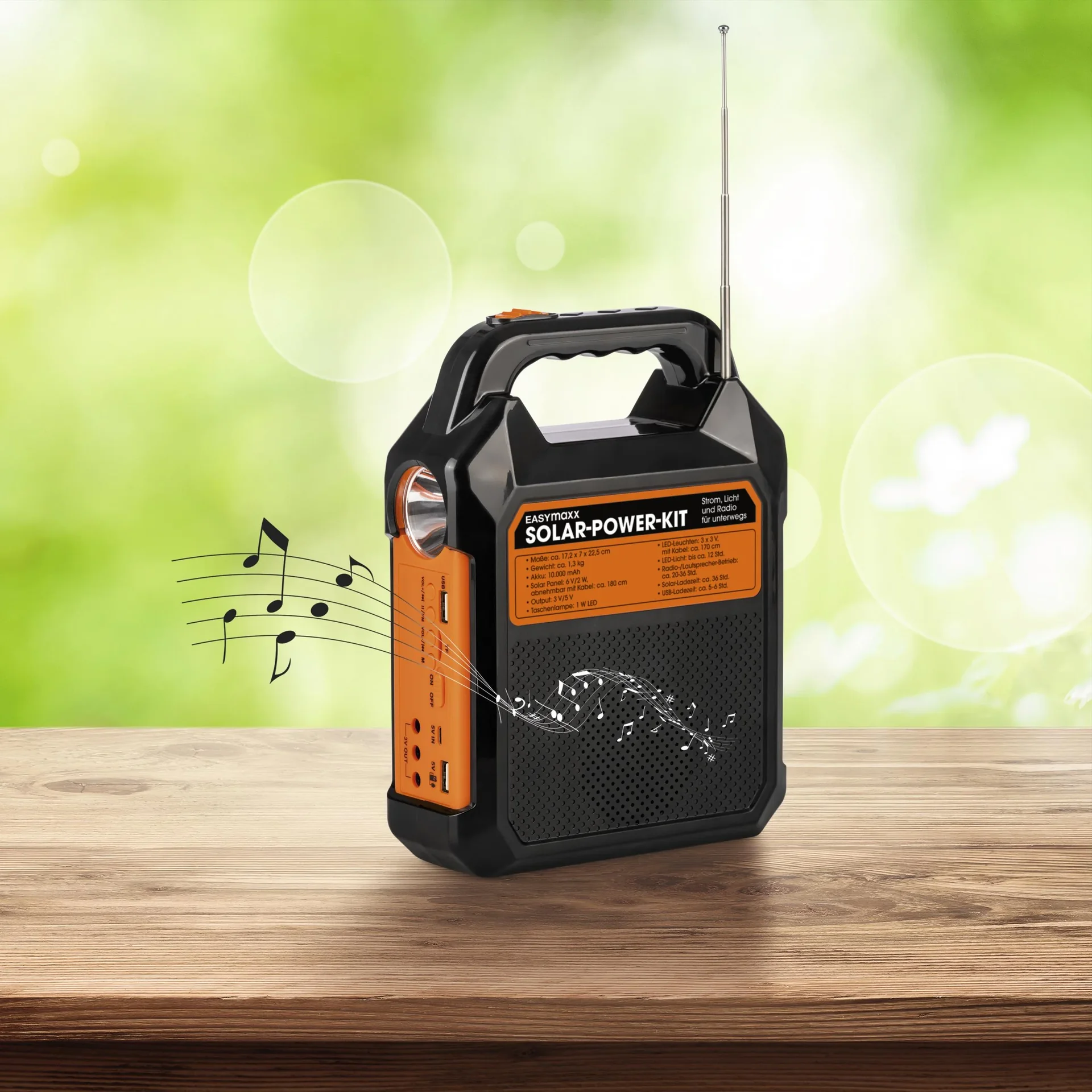 Solar-Generator Kit mit eigenem Solarpanel, Radio und Lautsprecher, 10000mAh schwarz/orange - 9