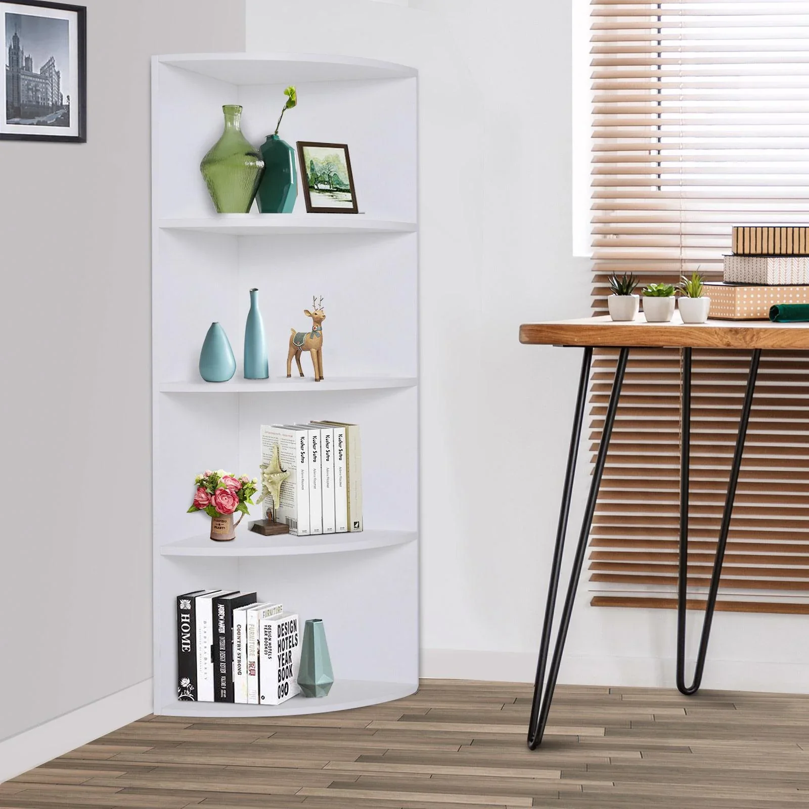 Eckregal Standregal Bücherregal Dekoregal Holzregal fächerförmig 4 Fächer Weiß 39,5 x 39,5 x 120 cm - 1