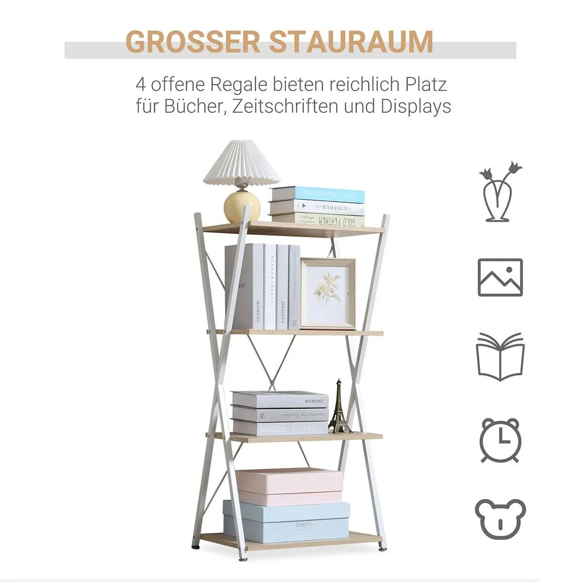 Bücherregal X-Form Standregal mit 4 Ebenen Aufbewahrungsregal für Wohnzimmer Schlafzimmer Küche Büro Spanplatte Metall N - 0