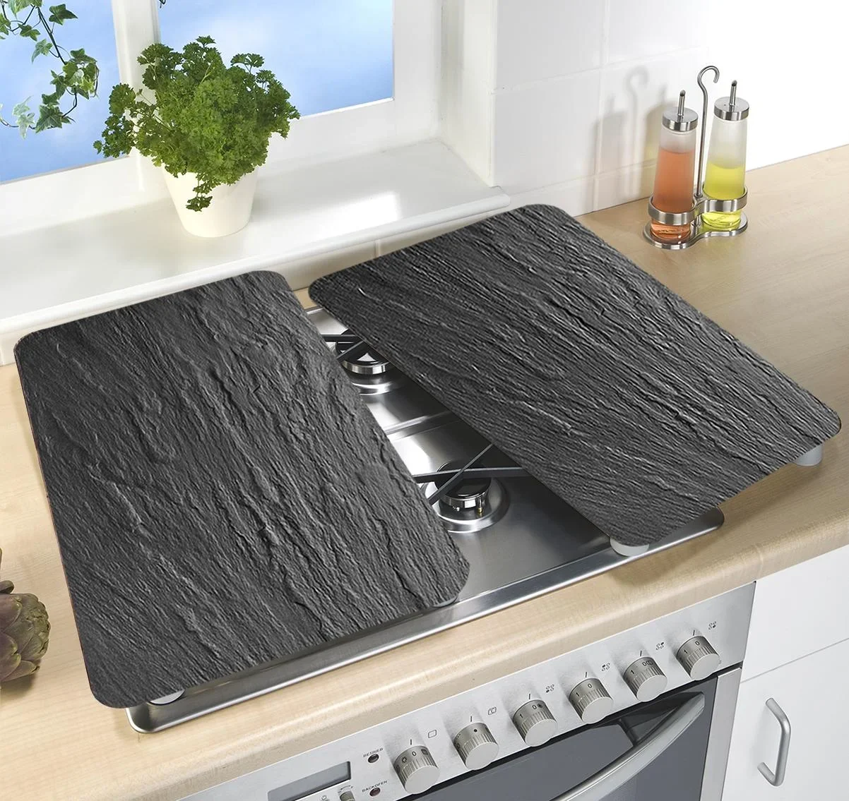 3 in 1 Herd-Abdeckplatten, Schneidbretter, Arbeitsplatten, Glas, in Schiefer-Optik, je 52 x 30 cm, 2er-Set - 1