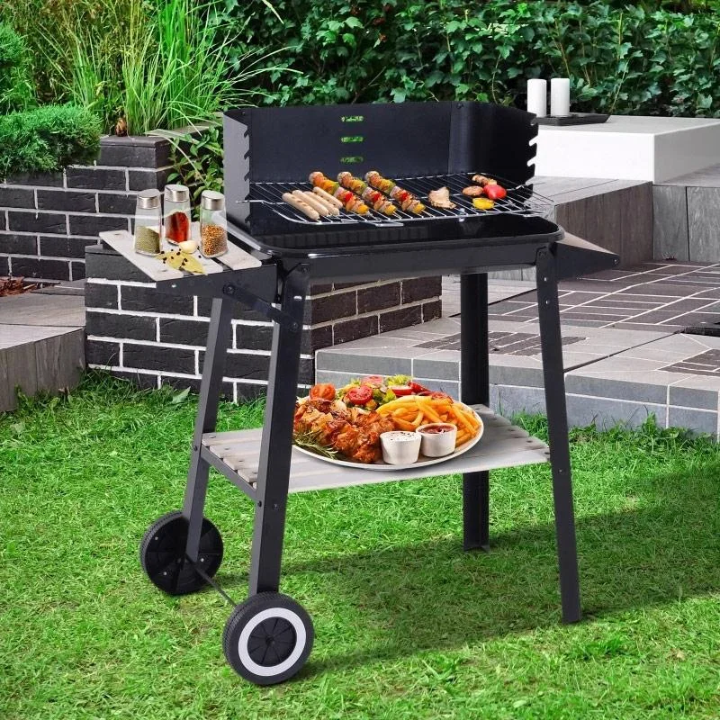 Holzkohlegrill - Grillfläche 54 x 34 - Edelstahl - Schwarz - Mit Spieß - 1