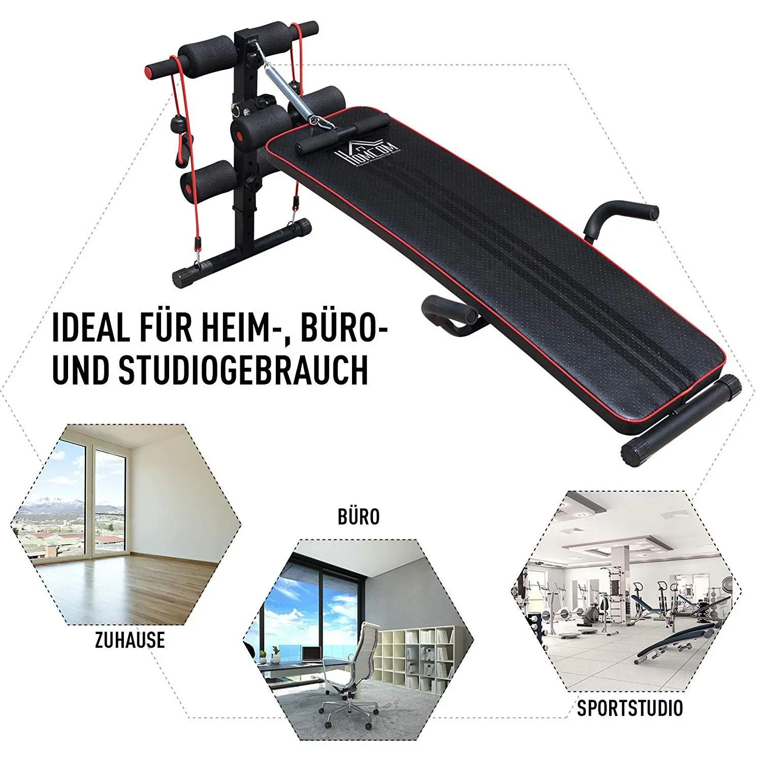 Sit Up Bank Bauchtrainer Trainingsbank Widerstandsbänder Stahl + PVC Schwarz + Rot 56,5 x 135 x (50 68) cm - 0