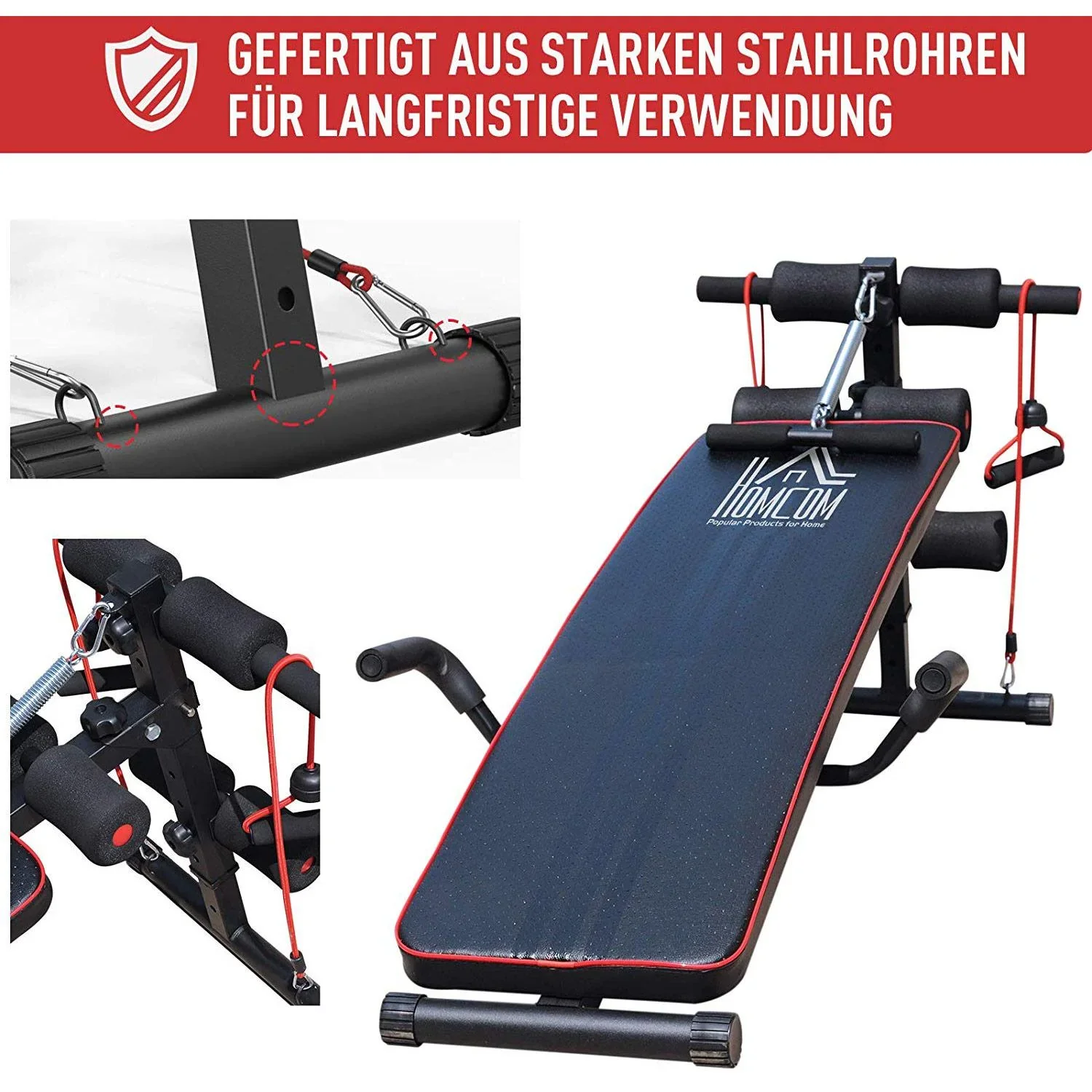 Sit Up Bank Bauchtrainer Trainingsbank Widerstandsbänder Stahl + PVC Schwarz + Rot 56,5 x 135 x (50 68) cm - 3