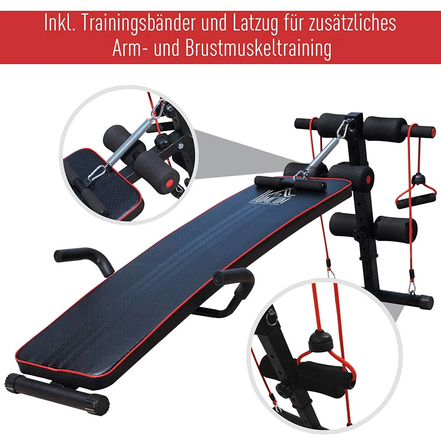 Sit Up Bank Bauchtrainer Trainingsbank Widerstandsbänder Stahl + PVC Schwarz + Rot 56,5 x 135 x (50 68) cm - 4