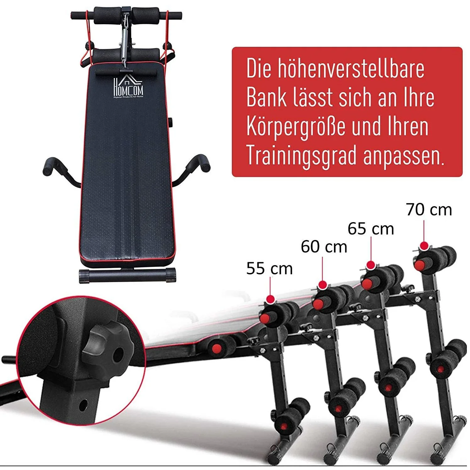 Sit Up Bank Bauchtrainer Trainingsbank Widerstandsbänder Stahl + PVC Schwarz + Rot 56,5 x 135 x (50 68) cm - 5