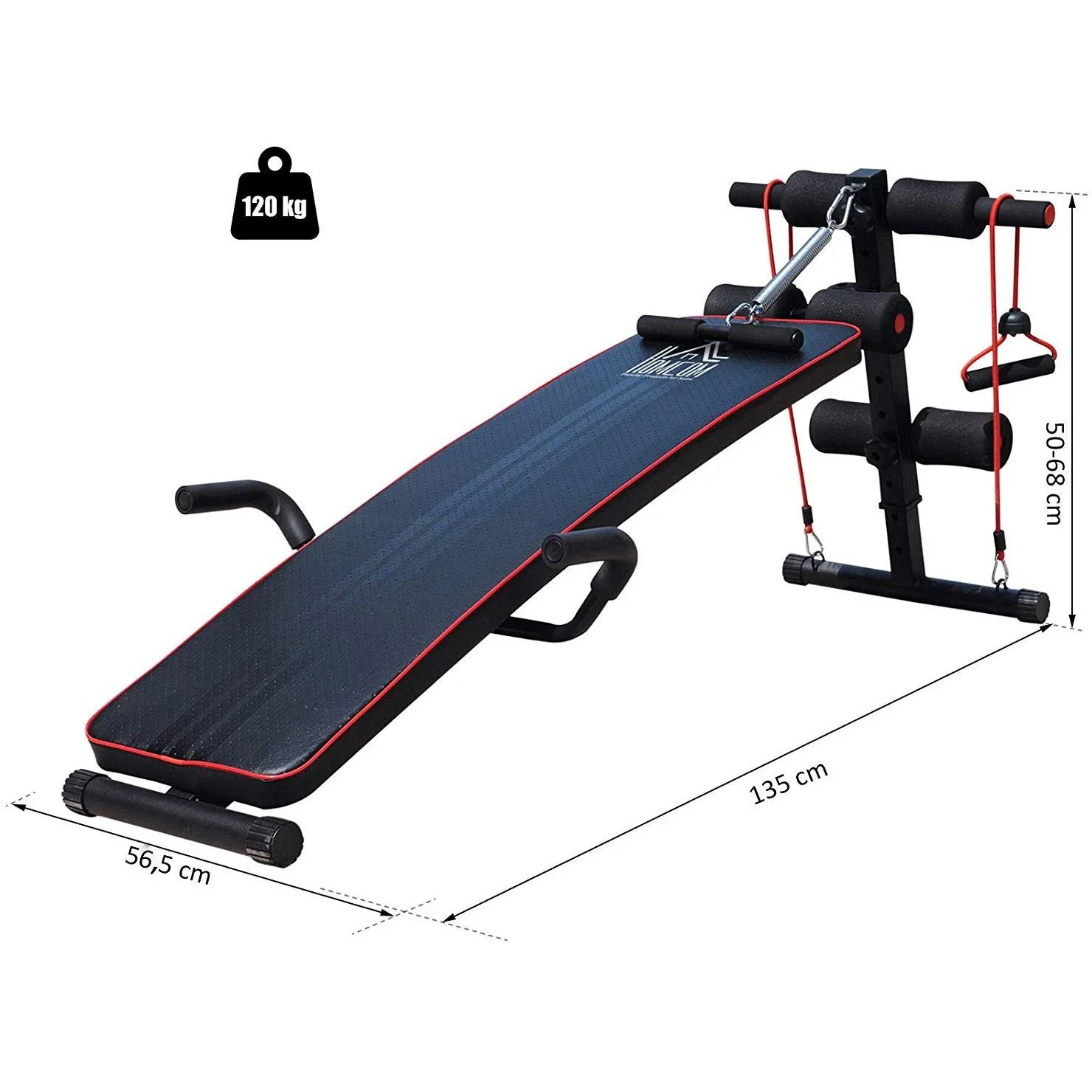 Sit Up Bank Bauchtrainer Trainingsbank Widerstandsbänder Stahl + PVC Schwarz + Rot 56,5 x 135 x (50 68) cm - 6