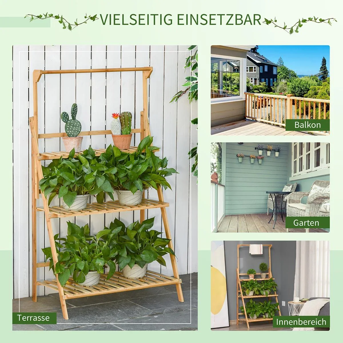 Blumentreppe aus Holz Pflanzenständer Leiterregal einstellbare Hängehöhe Blumenständer hängende Bamboo Natur innen drauß - 1