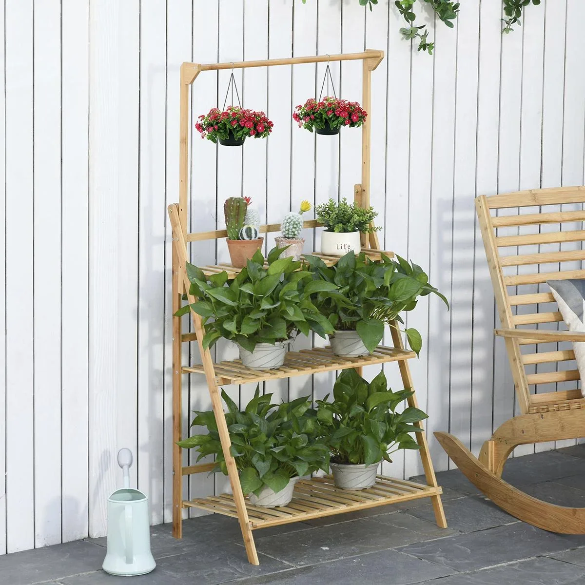 Blumentreppe aus Holz Pflanzenständer Leiterregal einstellbare Hängehöhe Blumenständer hängende Bamboo Natur innen drauß - 3