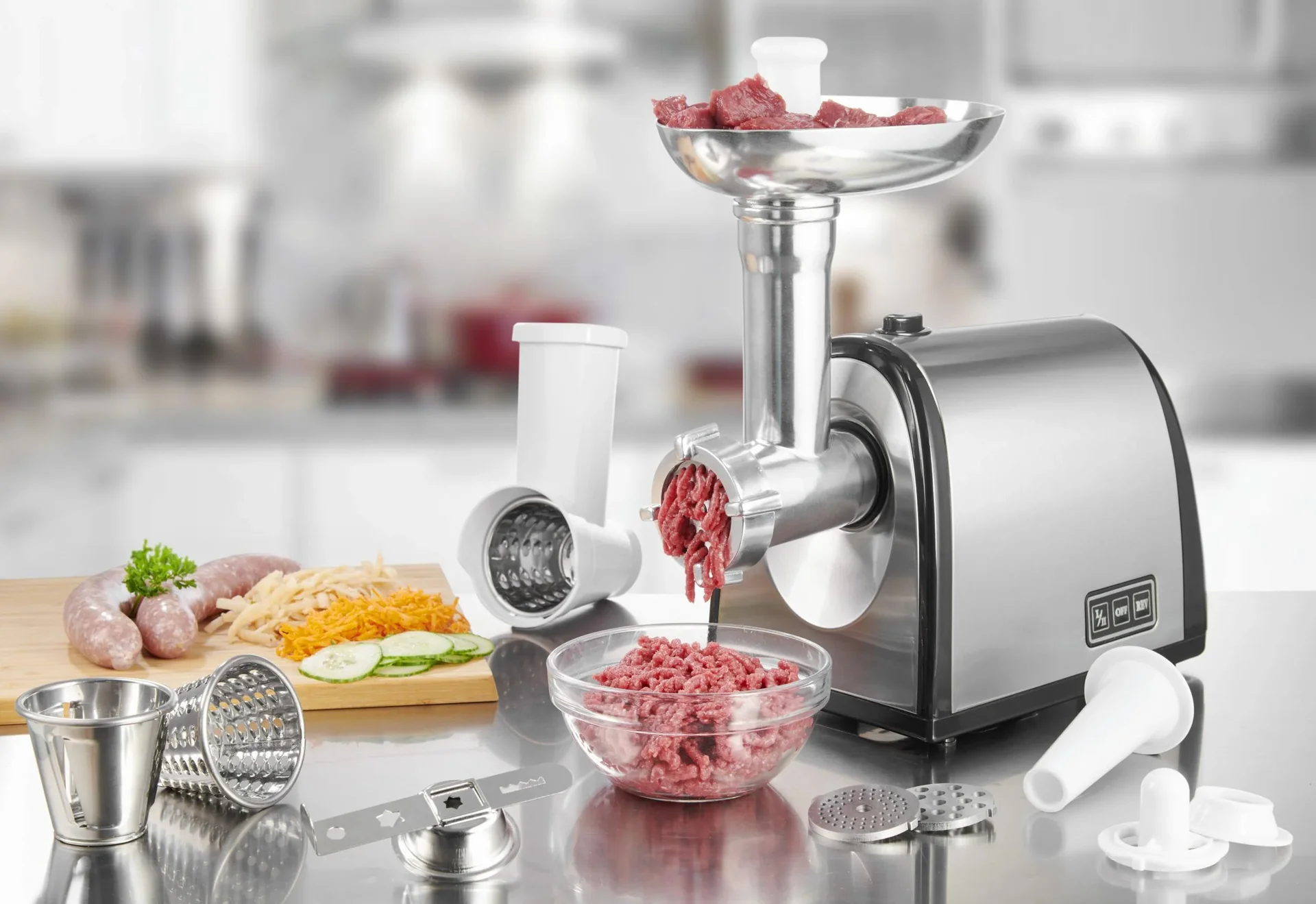Edelstahl Fleischwolf mit Spritzgebäckvorsatz und Gemüseschneidaufsatz - 1
