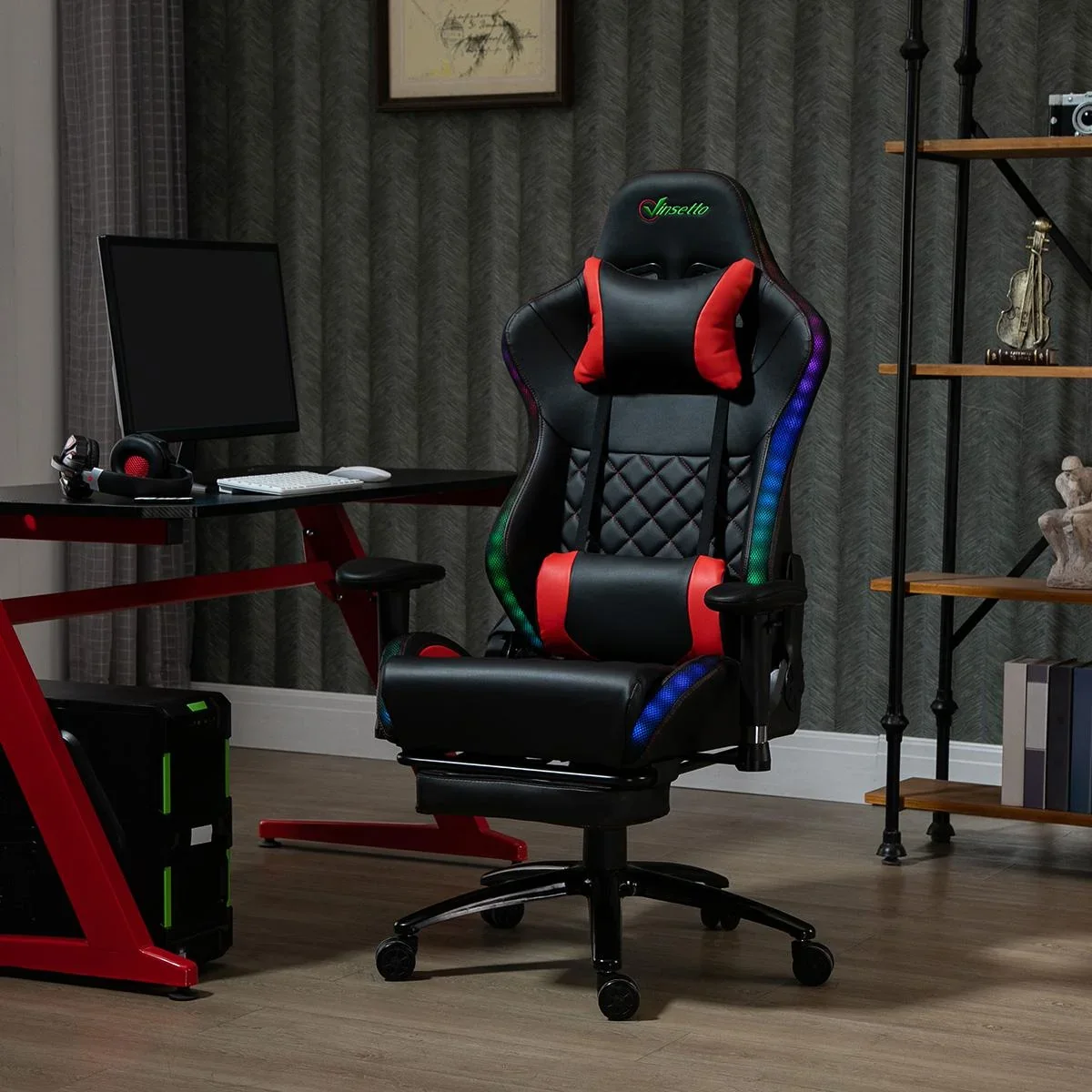 Gamingstuhl mit RGB LED-Leuchten Wippenfunktion Bürostuhl Schreibtischstuhl Fußstütze ergonomisches Design modern höhen - 0