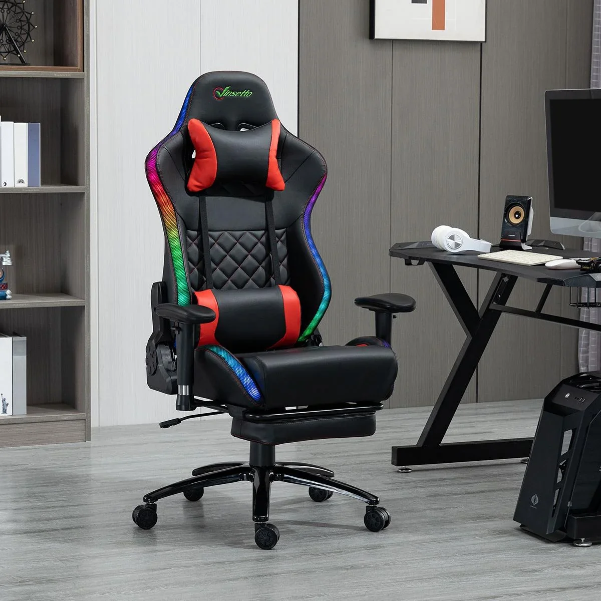 Gamingstuhl mit RGB LED-Leuchten Wippenfunktion Bürostuhl Schreibtischstuhl Fußstütze ergonomisches Design modern höhen - 1