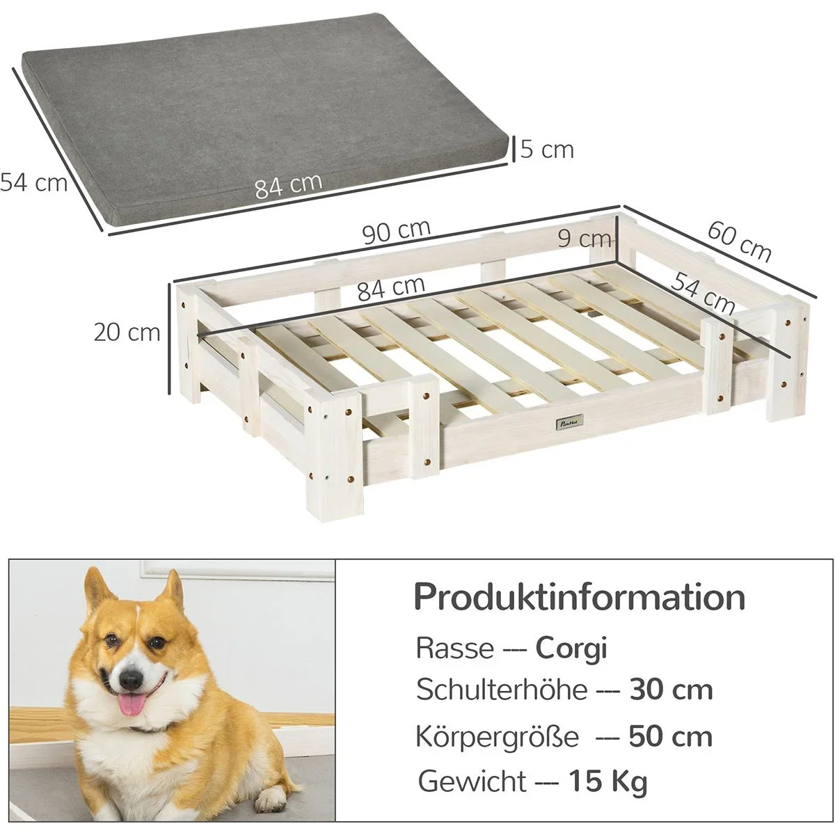 Hundehochbett mit Kissen, Kiefer, Weiß+Grau, 90 x 60 x 20 cm - 1