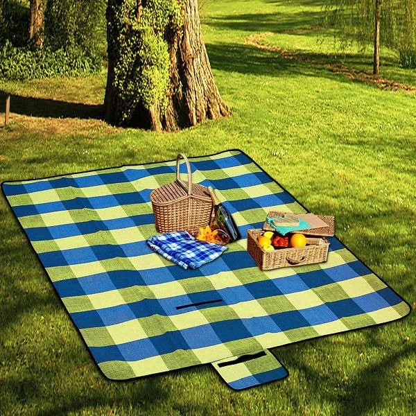 Picknickdecke mit praktischem Tragegriff 2x2m hellblau gelb - 1