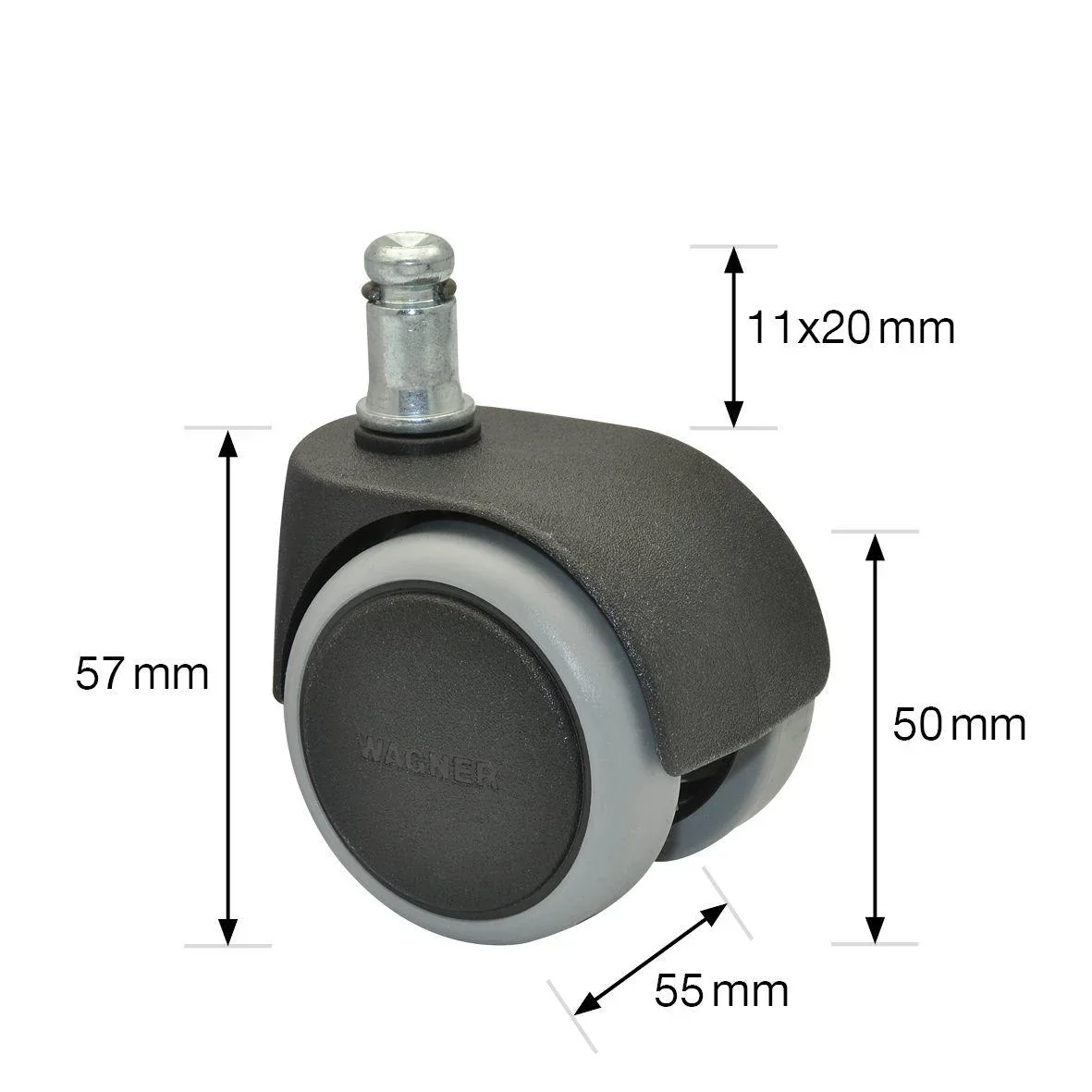 Drehstuhlrollen/Bürostuhlrollen 5 teilig Ø 50 mm, soft, intervallgebremst, Steckstift 11 x 20 mm, Tragkraft 50 kg/Rolle - 2