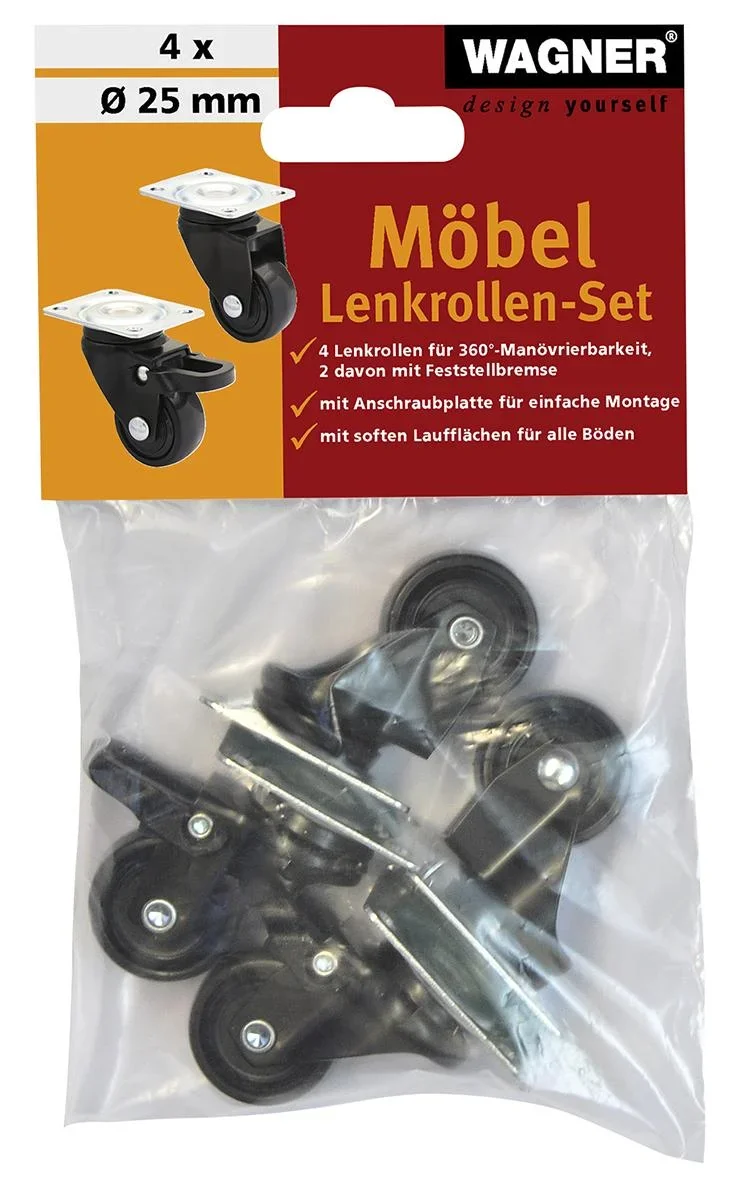 Design 3C Lenkrollen 4 teiliges Set - Ø 25 mm, soft, schwarz, 2 Rollen mit & 2 ohne Feststeller, Tragkraft 12 kg / Rolle - 3