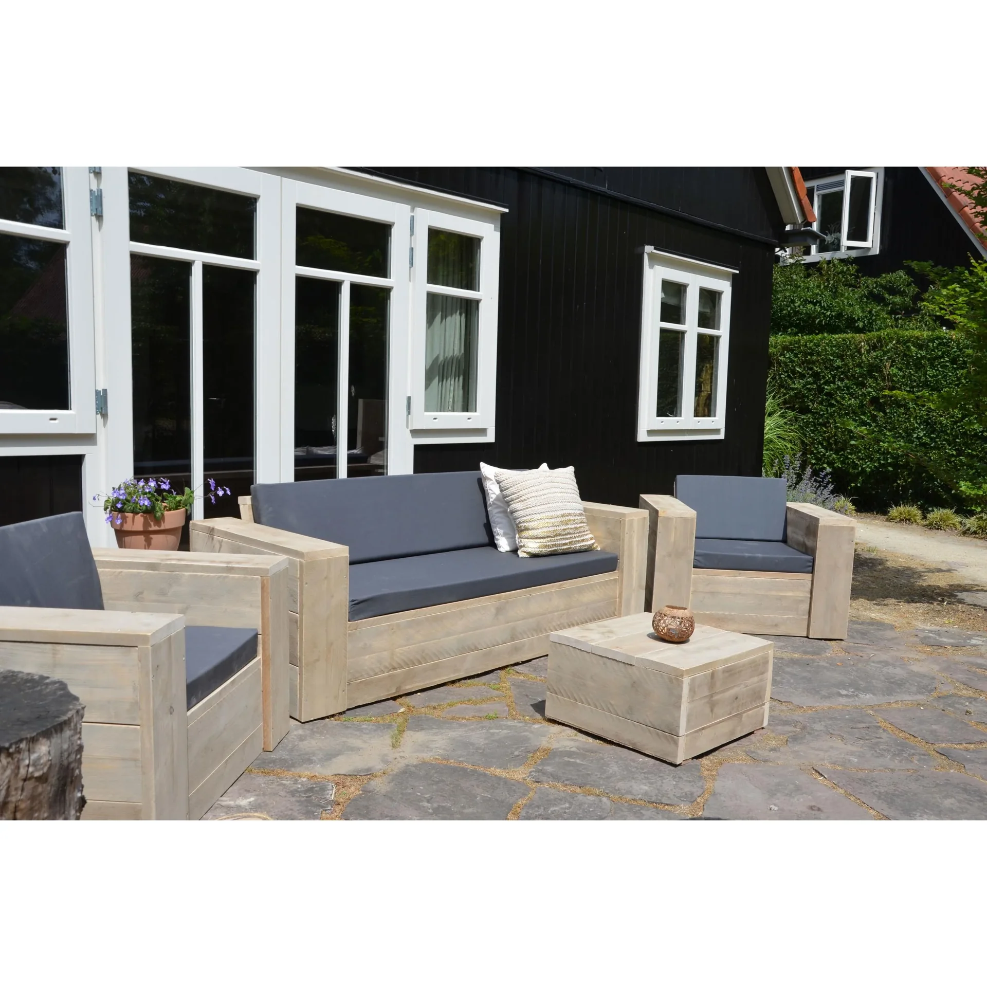 Lounge-Set robustes Gerüstholz komplett# Sofa, Stühle, Tisch und Outdoor-Kissen - 0