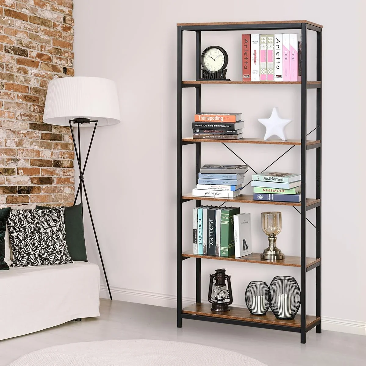 Bücherregal mit 5 Fächer, Standregal, Industriestil, Wohnzimmer, Schlafzimmer, Büro, E1 Spanplatte, Braun, 80 x 30 x 180 - 1