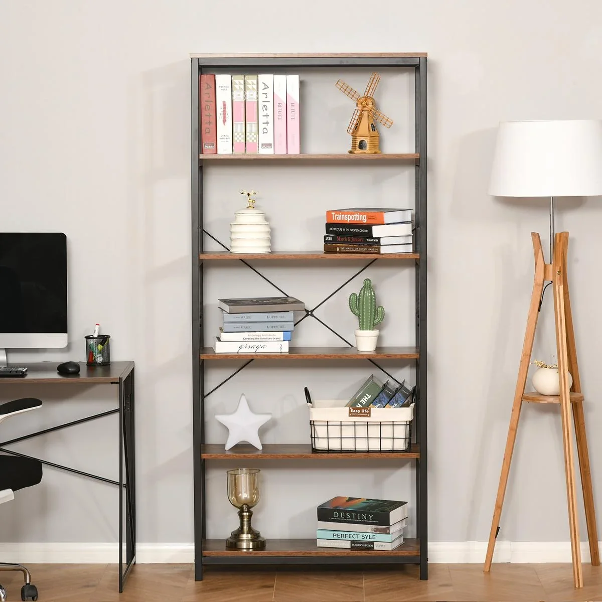 Bücherregal mit 5 Fächer, Standregal, Industriestil, Wohnzimmer, Schlafzimmer, Büro, E1 Spanplatte, Braun, 80 x 30 x 180 - 2
