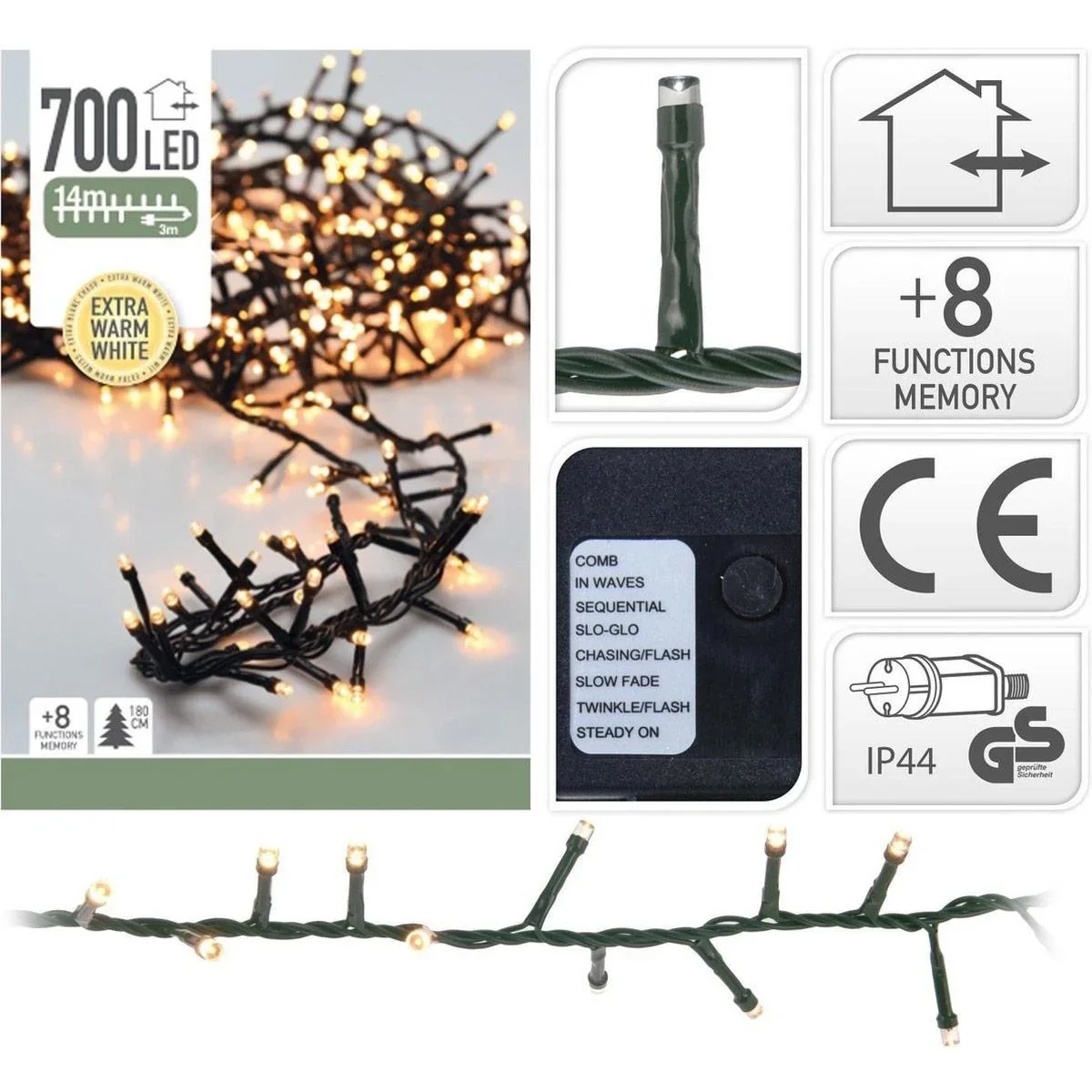 2x Weihnachtsbaum Lichter 14 Meter Warm Weiß - 700LED für Innen und Außen - 1
