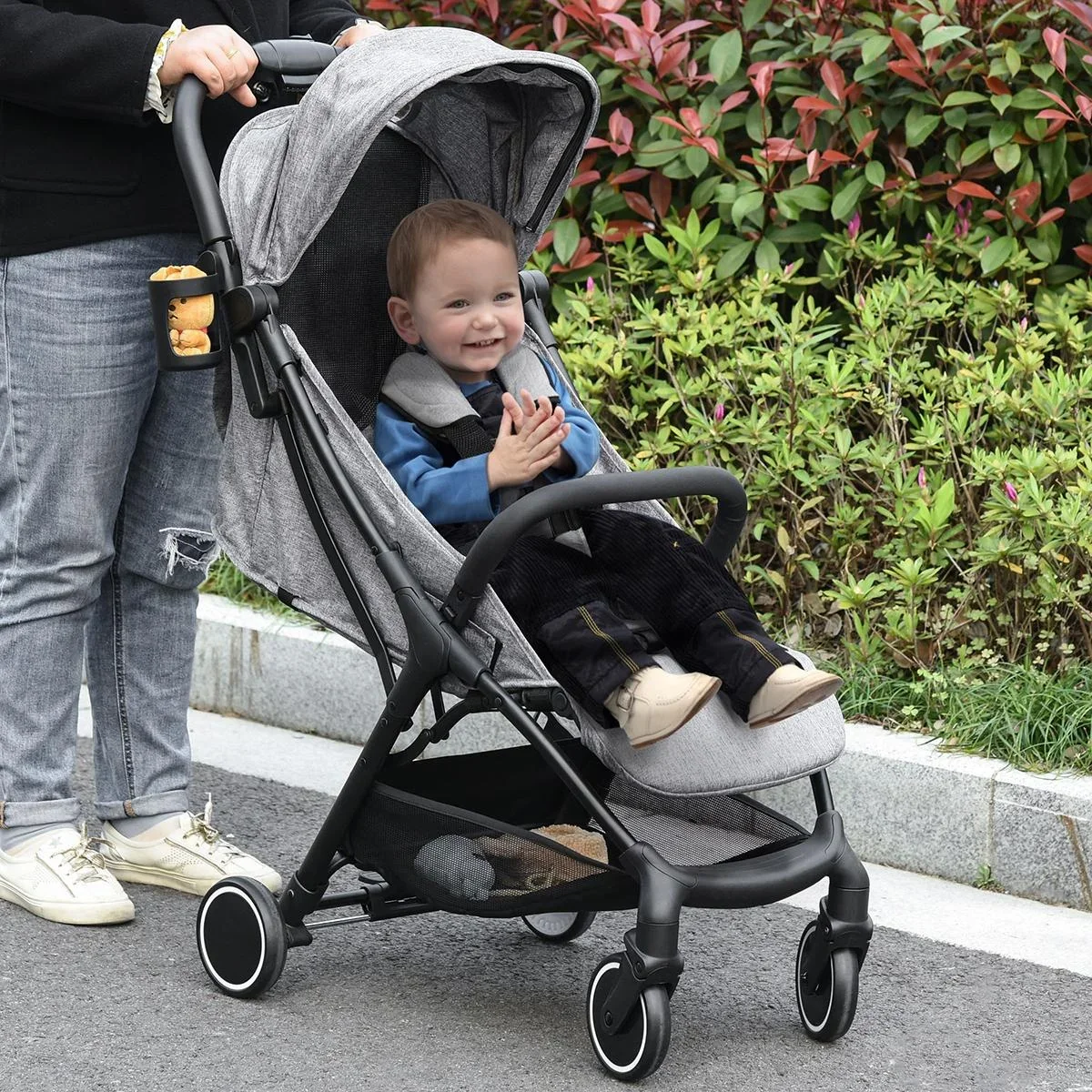 Kinderwagen mit Sonnensegel faltbarer Baby Buggy mit verstellbarer Rückenlehne und Fußstütze Aluminium Leinen EVA Grau+S - 1