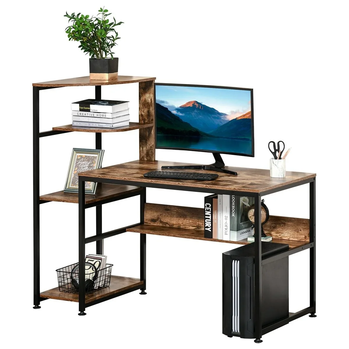 Schreibtisch Bücherregal Computertisch Bürotisch mit 4 Ablagen einstellbar E1 Spanplatte Metallrahmen Schwarz+Rustikales - 1