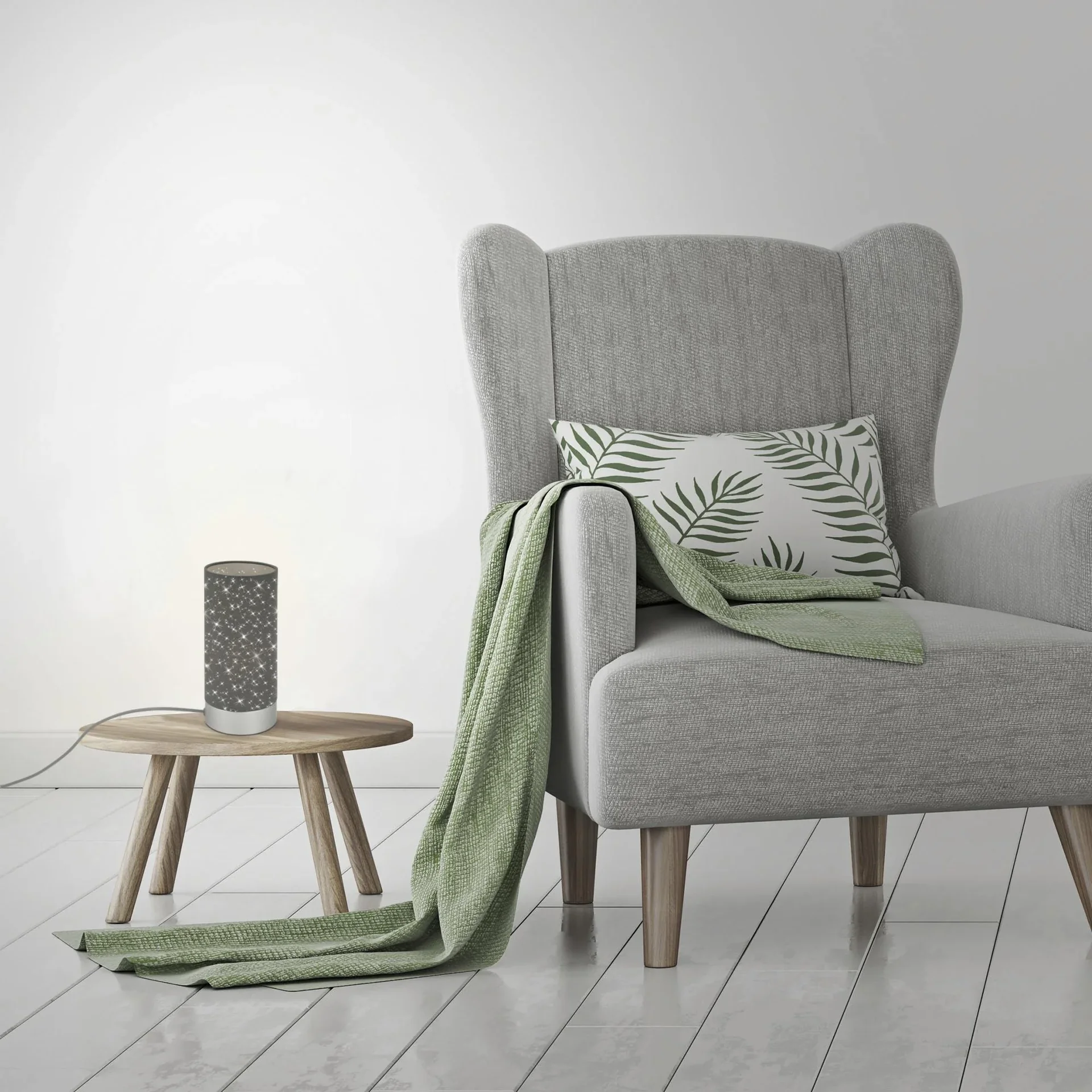 STEA Tischleuchte, matt- chrom,  Stoff grau mit Sternendekor, Kabelschalter, E14 Fassung - 1