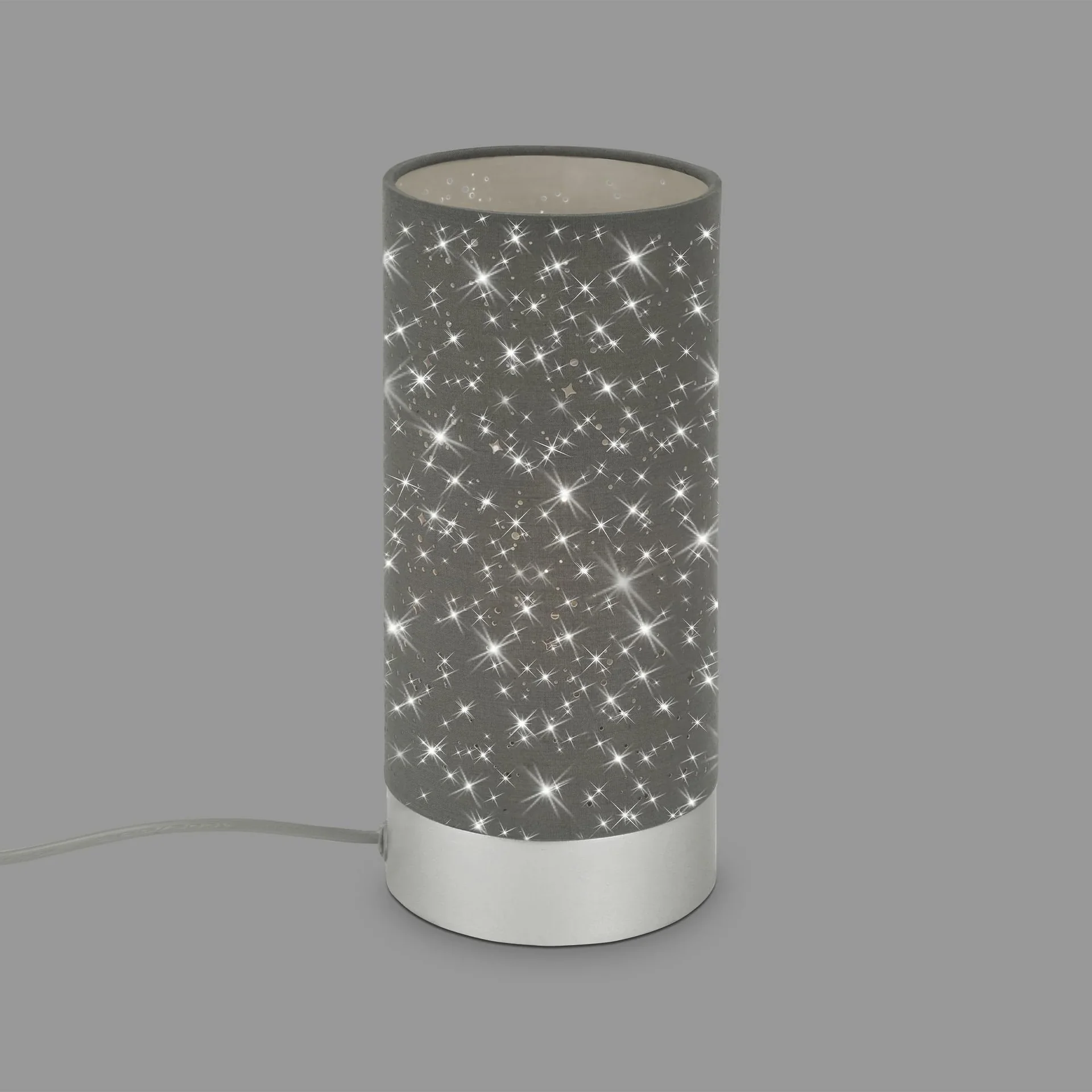 STEA Tischleuchte, matt- chrom,  Stoff grau mit Sternendekor, Kabelschalter, E14 Fassung - 4