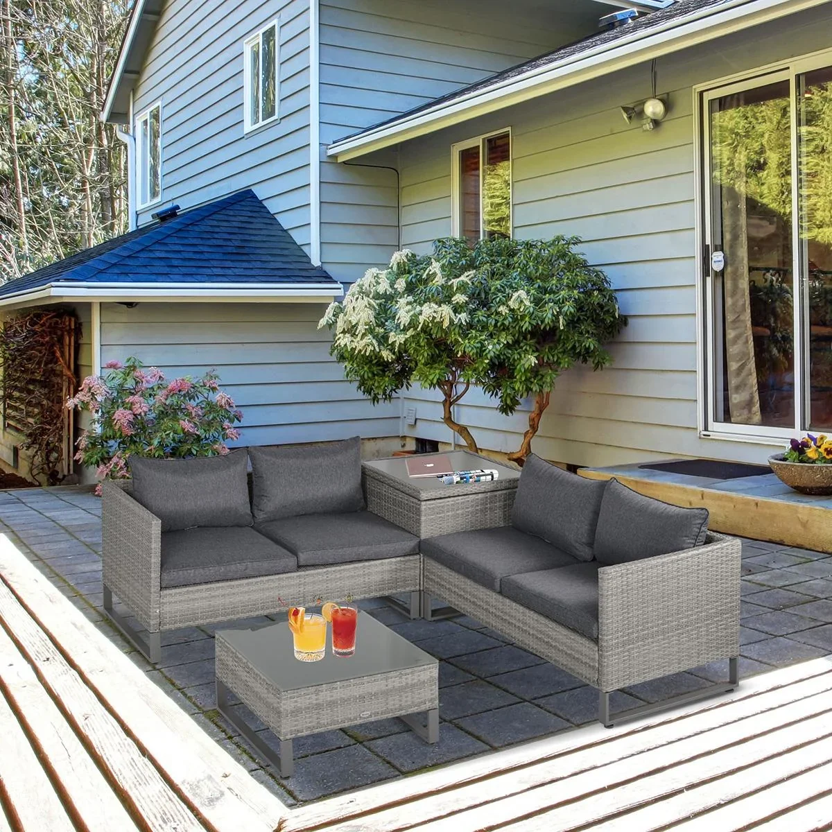4-tlg. Luxus Polyrattan Gartengarnitur Gartenmöbel Garten-Set Sitzgruppe Loungeset Loungemöbel inkl. Aufbewahrungsbox un - 0