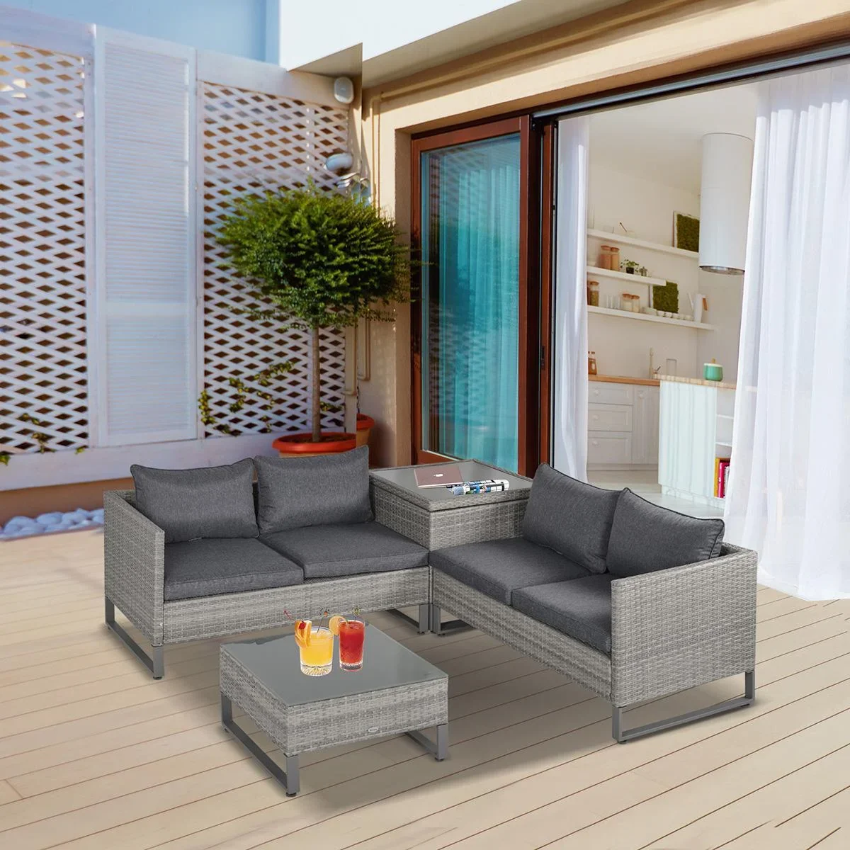 4-tlg. Luxus Polyrattan Gartengarnitur Gartenmöbel Garten-Set Sitzgruppe Loungeset Loungemöbel inkl. Aufbewahrungsbox un - 2