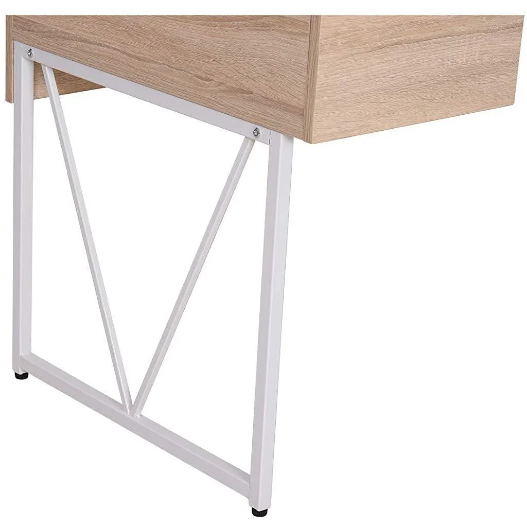 Schreibtisch Computertisch PC Laptop Bürotisch 3xSchublade 1xAblage Holz+Metall Natur+Weiß 130x60x76cm - 1