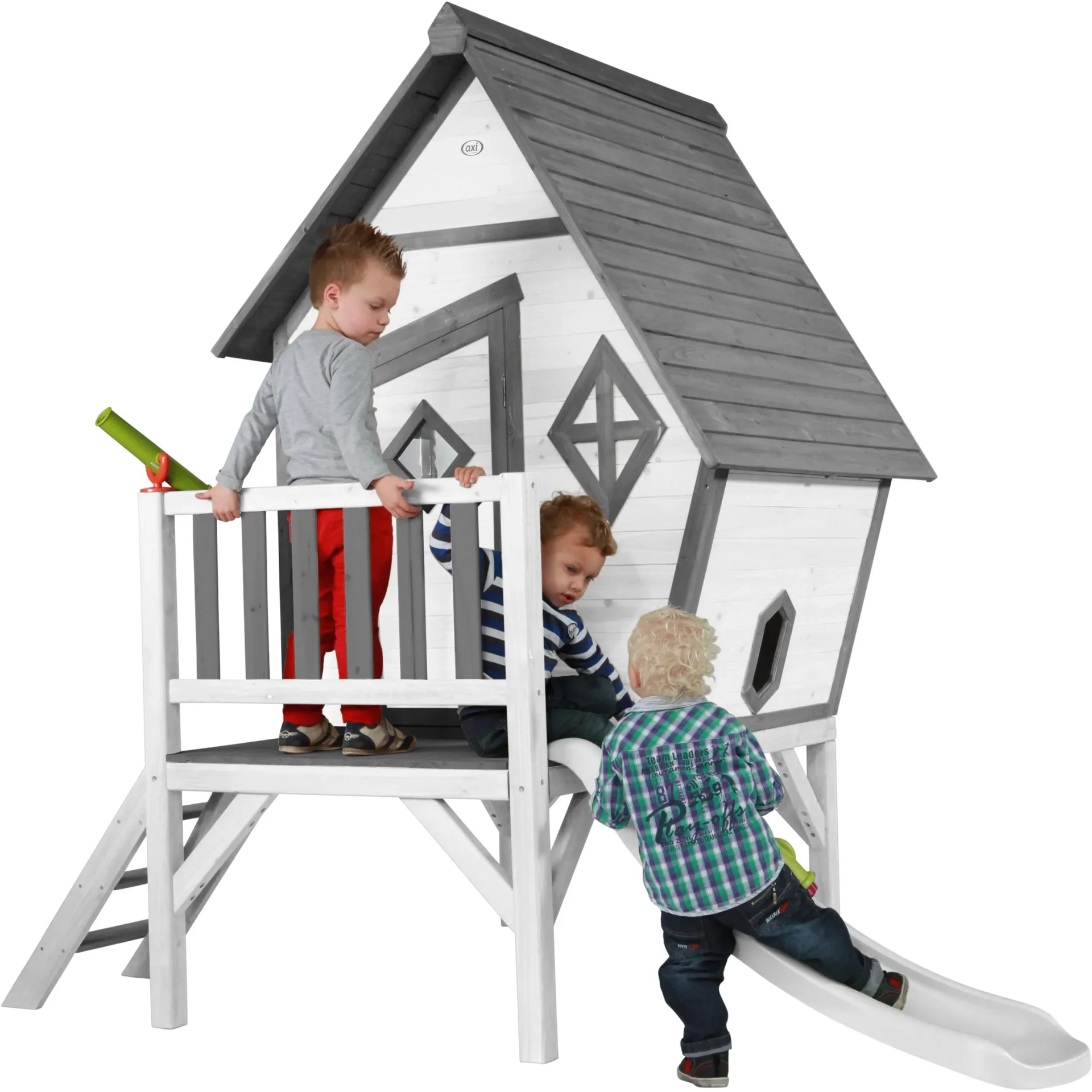 Cabin XL Spielhaus Grau/weiß - Weiße Rutsche - 0