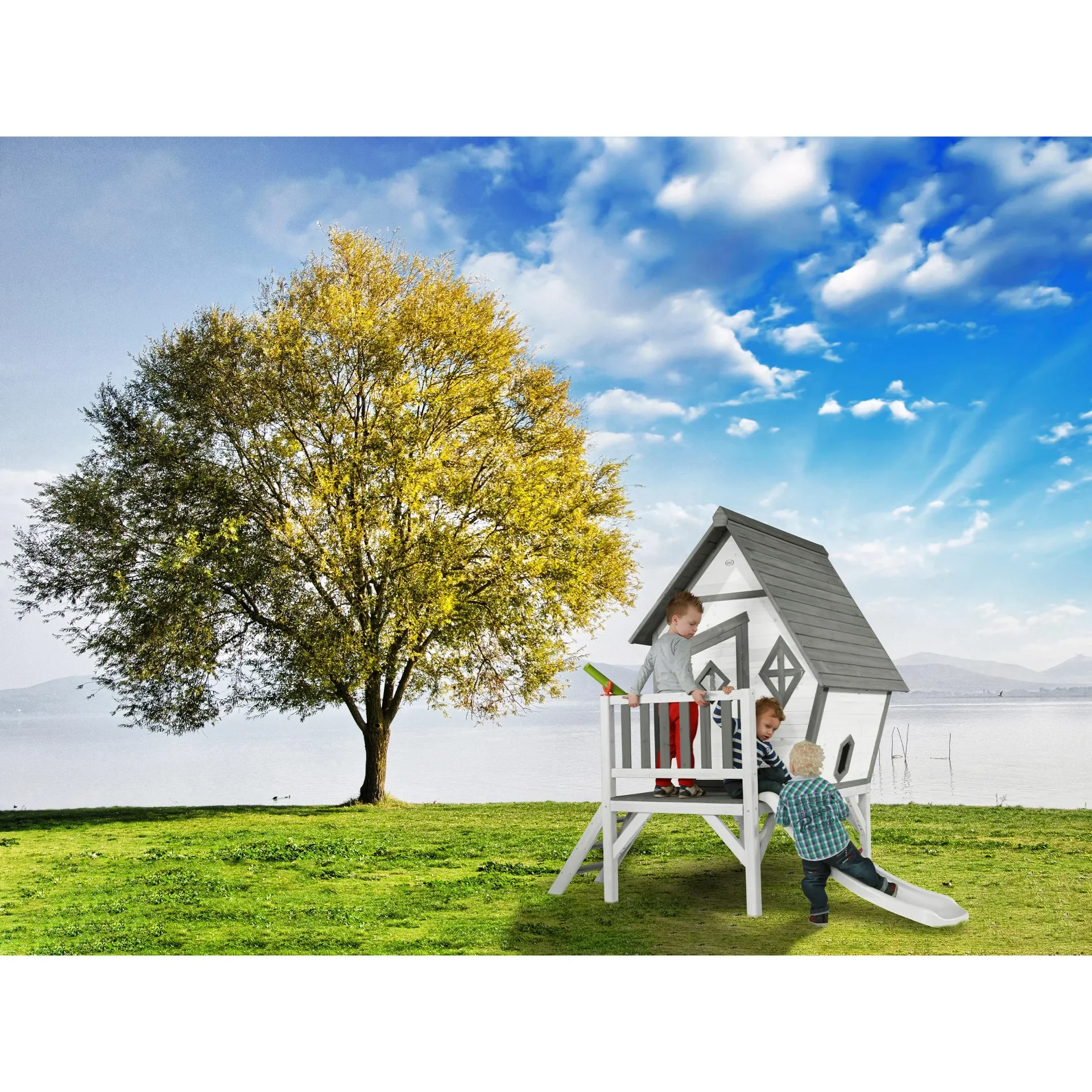 Cabin XL Spielhaus Grau/weiß - Weiße Rutsche - 4
