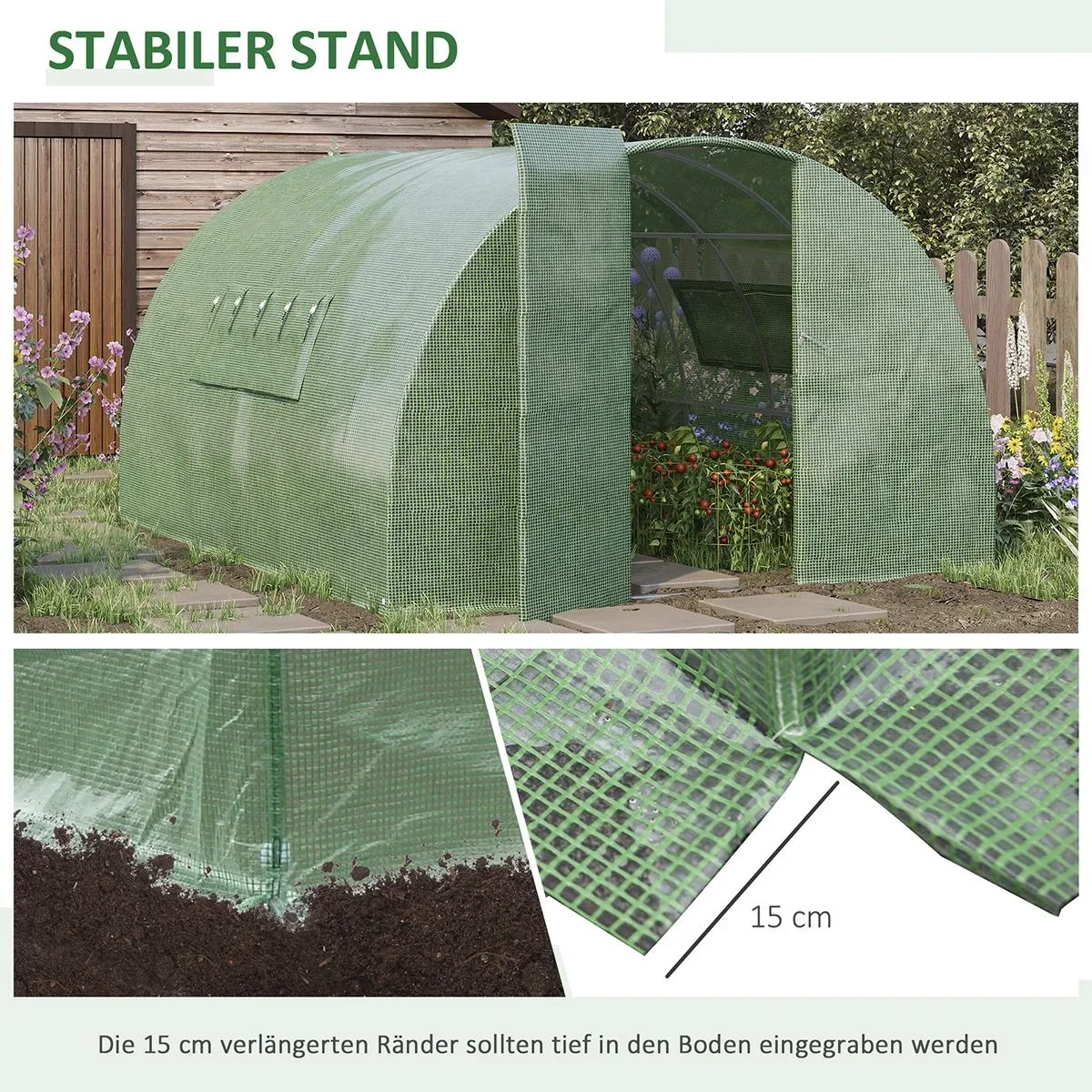 Foliengewächshaus 4 x 3 x 2 m Tunnel Gewächshaus Treibhaus Pflanzenhaus Folienzelt 2 Fenster Gitterfolie Grün - 1